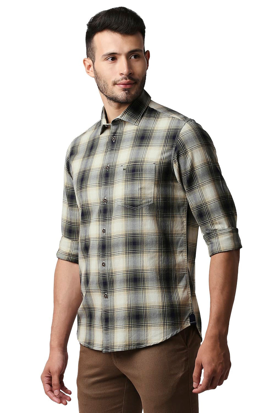 BASICS SLIM FIT COMFREY GREEN HERRING BONE TWILL CHECKS SHIRT