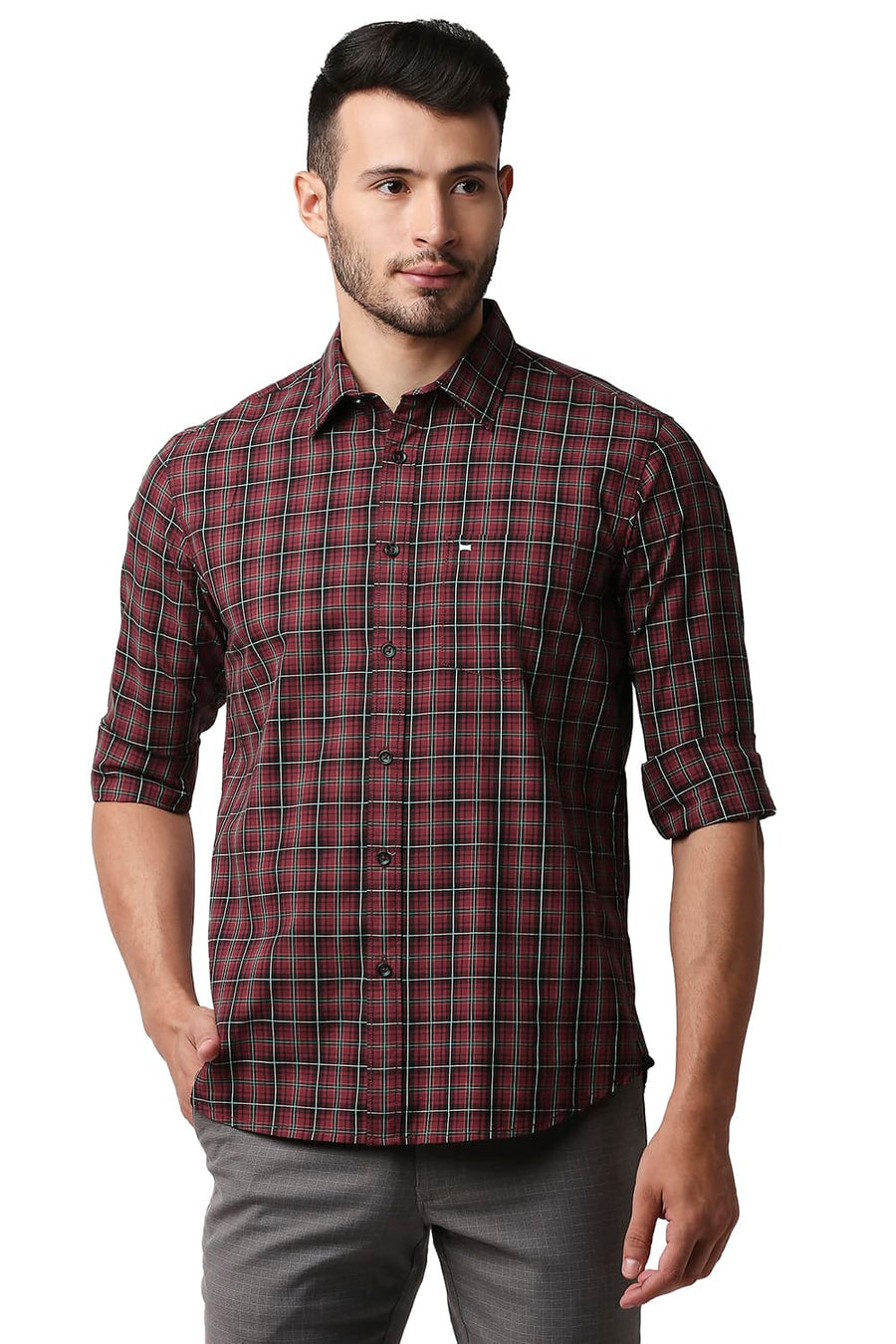 BASICS SLIM FIT SCARLET SAGE COTTON CHECKS SHIRT