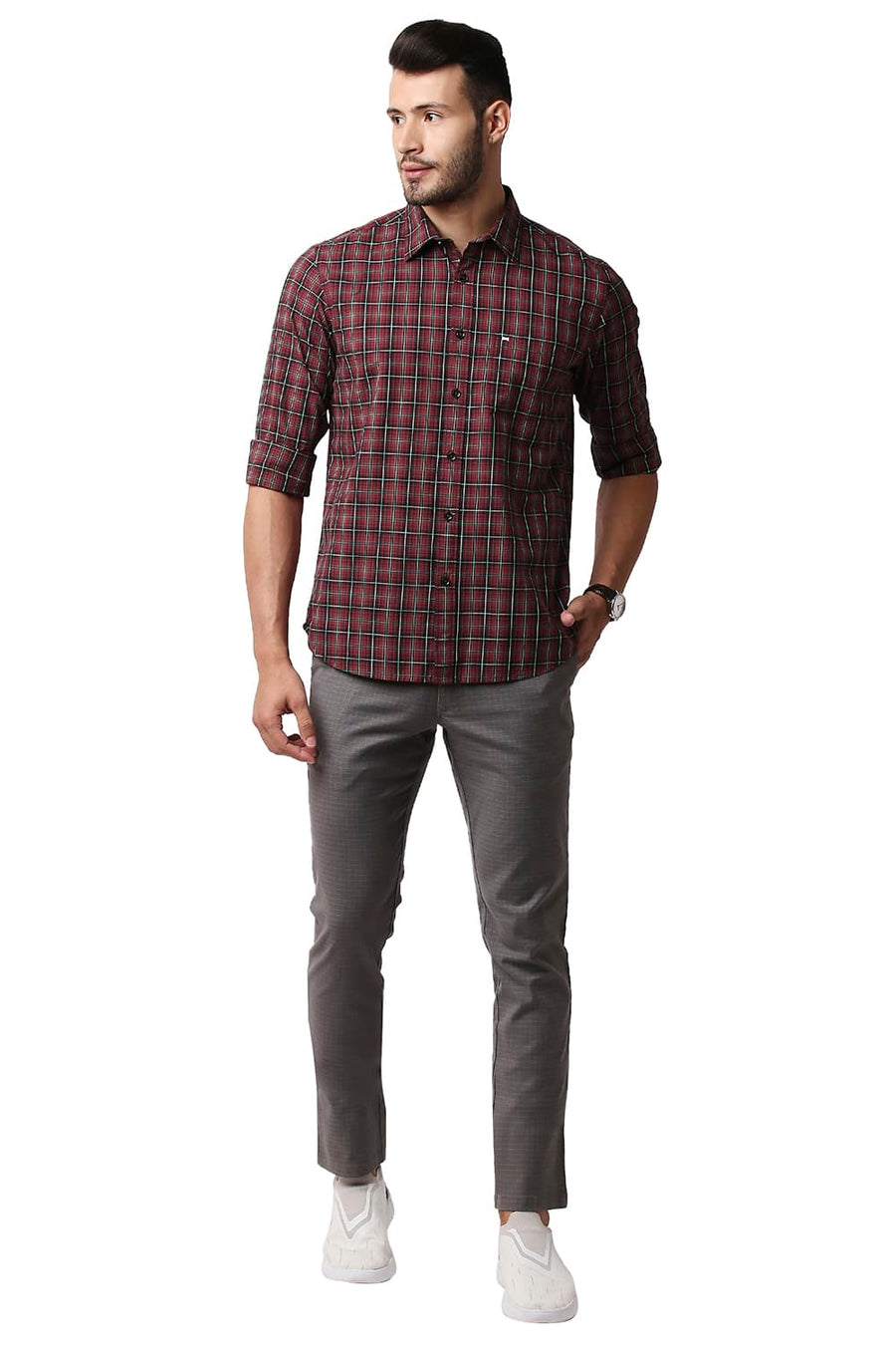 BASICS SLIM FIT SCARLET SAGE COTTON CHECKS SHIRT