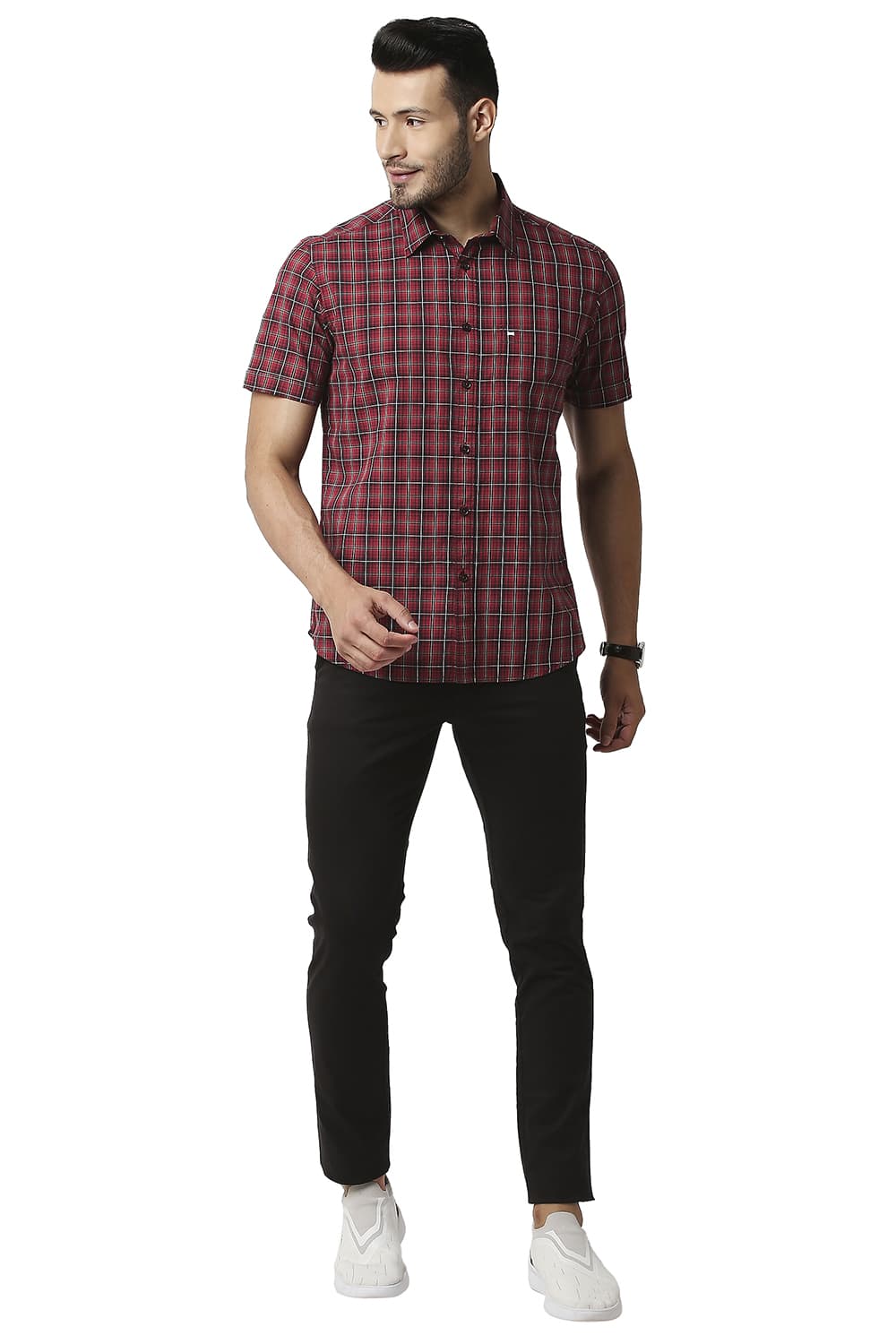 BASICS SLIM FIT COTTON CHECKS HALFSLEEVES SHIRT