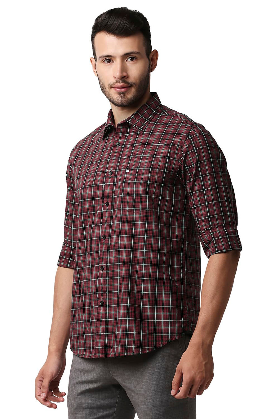 BASICS SLIM FIT SCARLET SAGE COTTON CHECKS SHIRT
