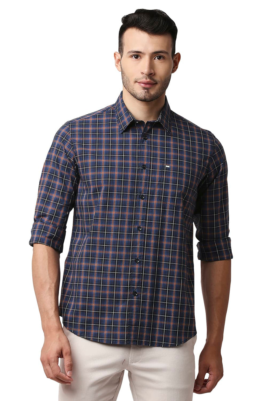 BASICS SLIM FIT BIJON BLUE COTTON CHECKS SHIRT