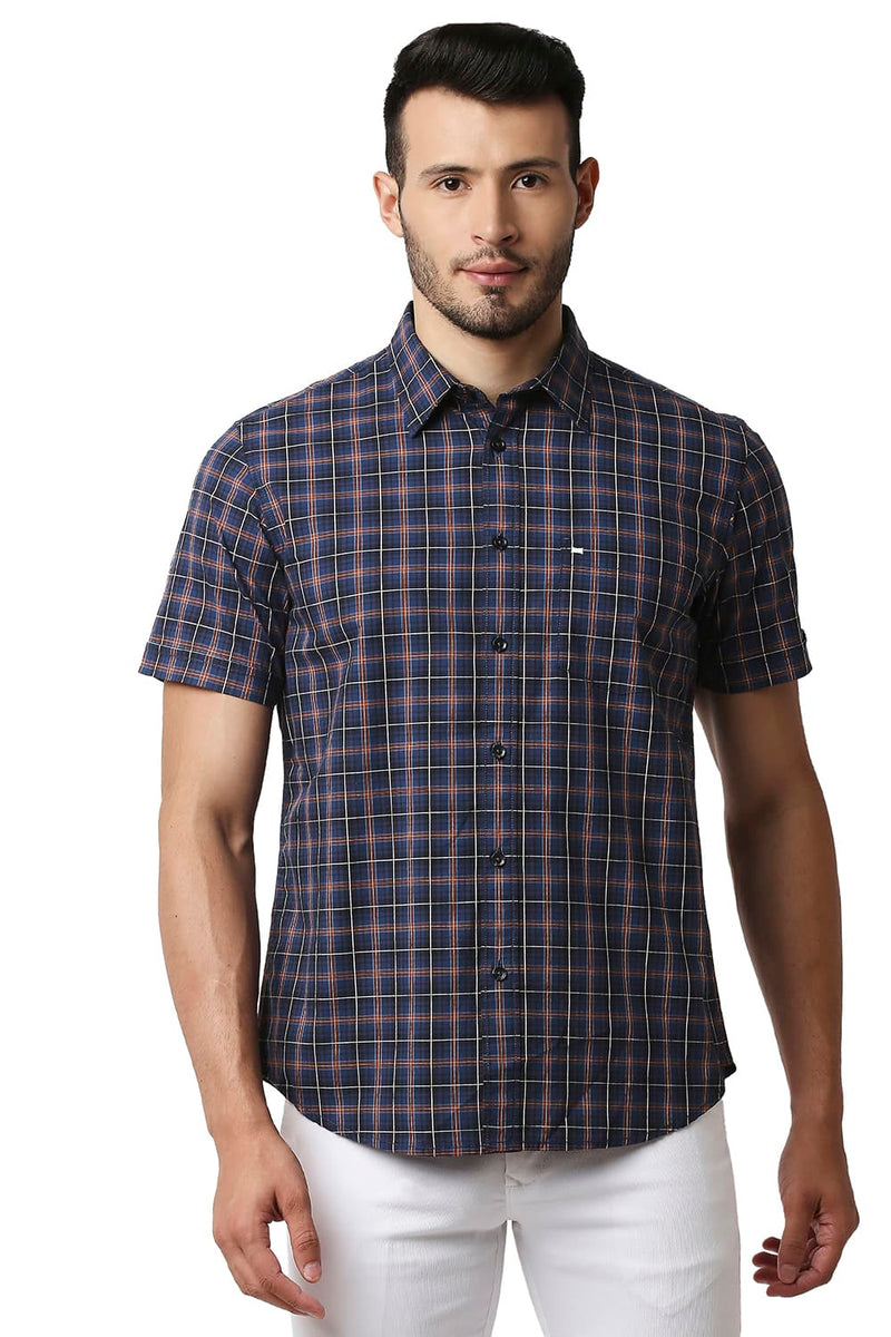 BASICS SLIM FIT COTTON CHECKS HALFSLEEVES SHIRT