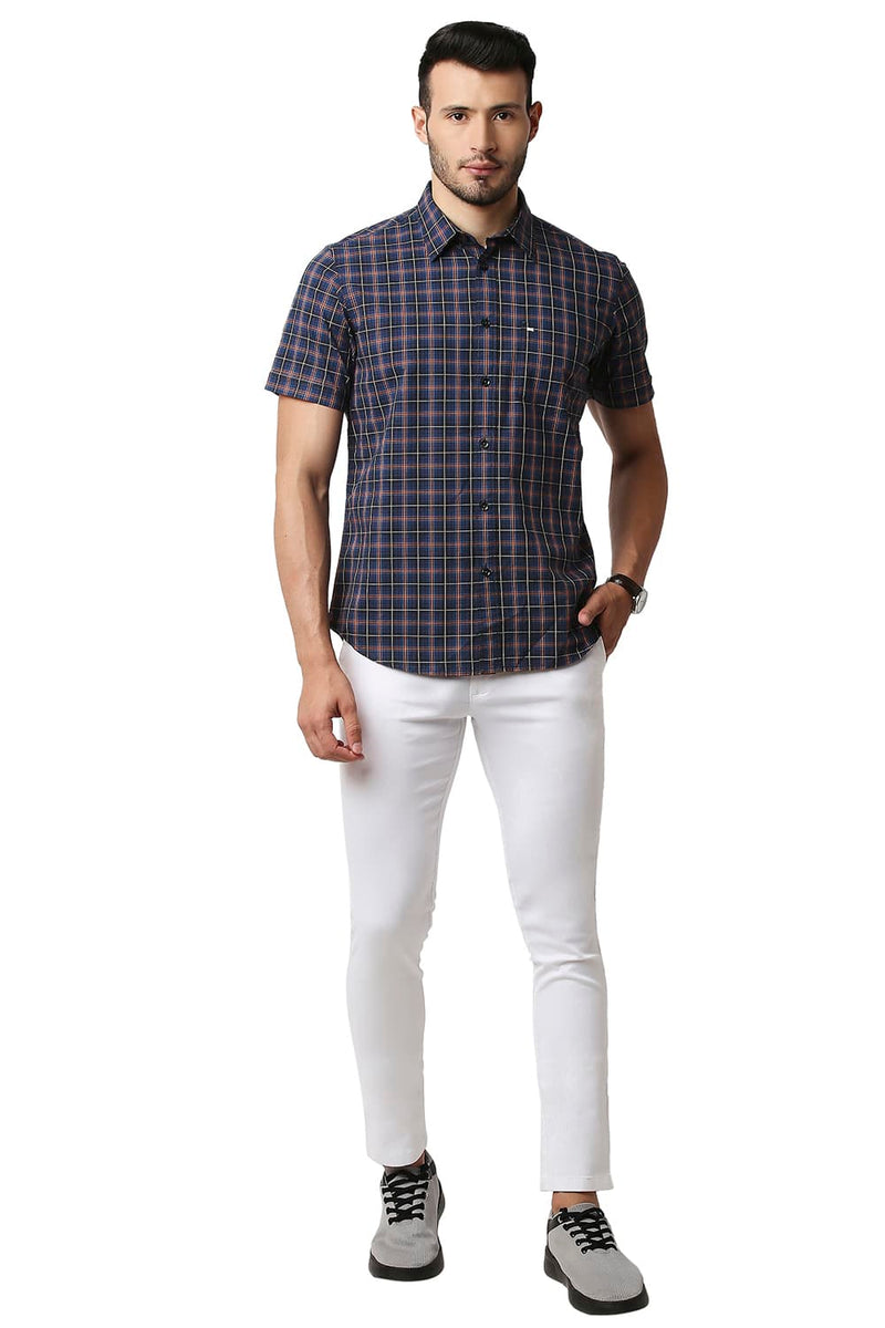 BASICS SLIM FIT COTTON CHECKS HALFSLEEVES SHIRT