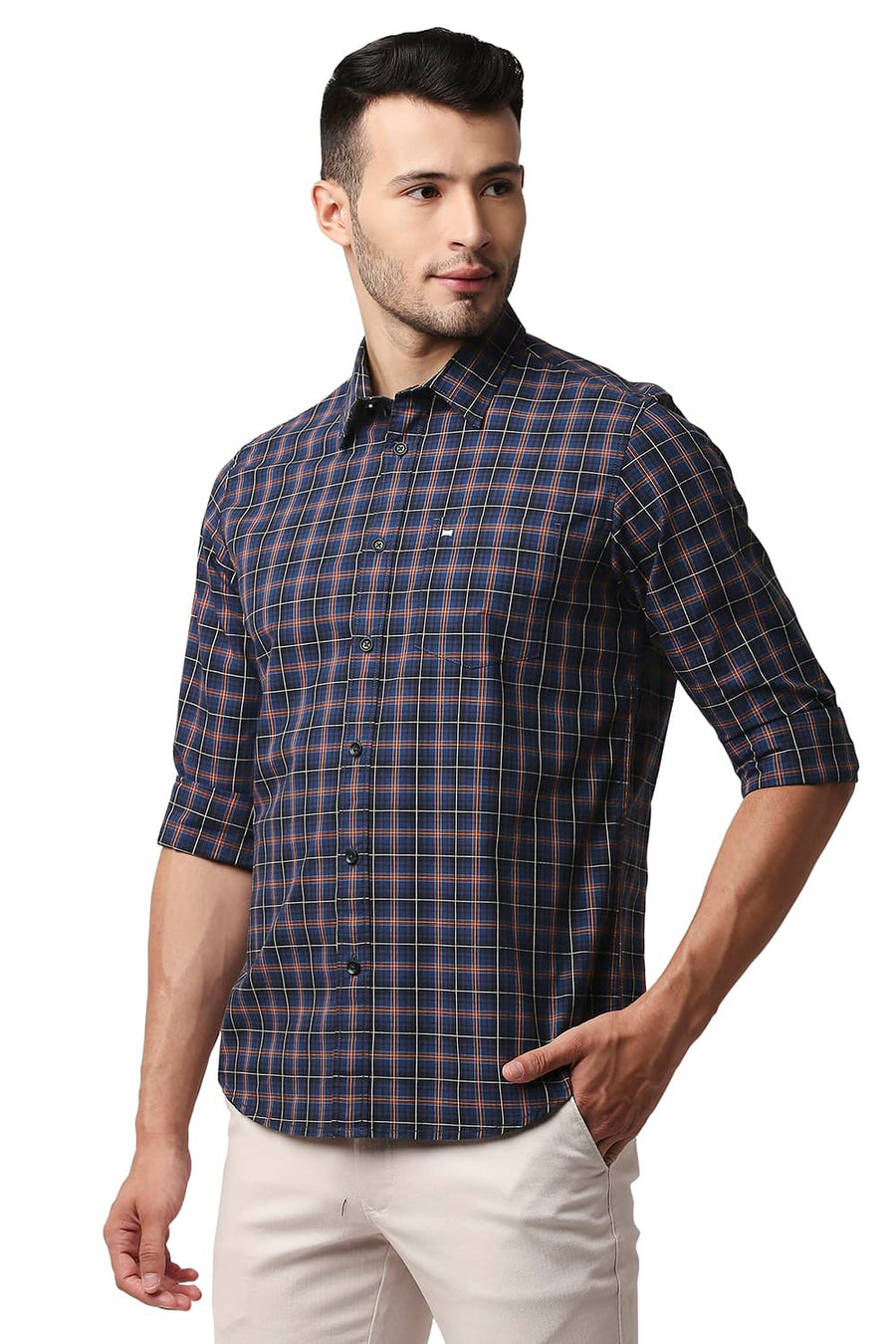 BASICS SLIM FIT BIJON BLUE COTTON CHECKS SHIRT