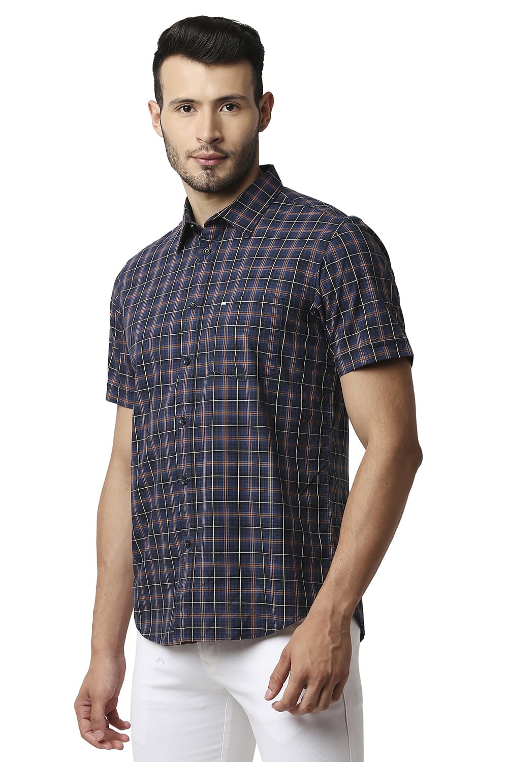 BASICS SLIM FIT COTTON CHECKS HALFSLEEVES SHIRT