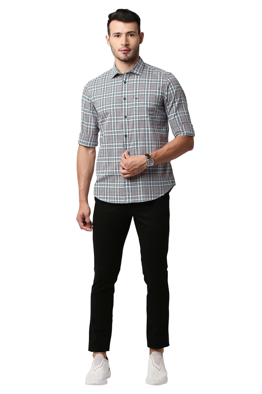 BASICS SLIM FIT PLEIN AIR BLUE COTTON CHECKS SHIRT