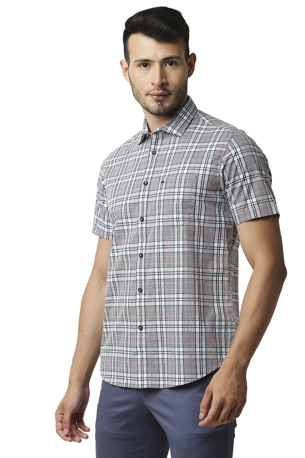 BASICS SLIM FIT COTTON CHECKS HALFSLEEVES SHIRT