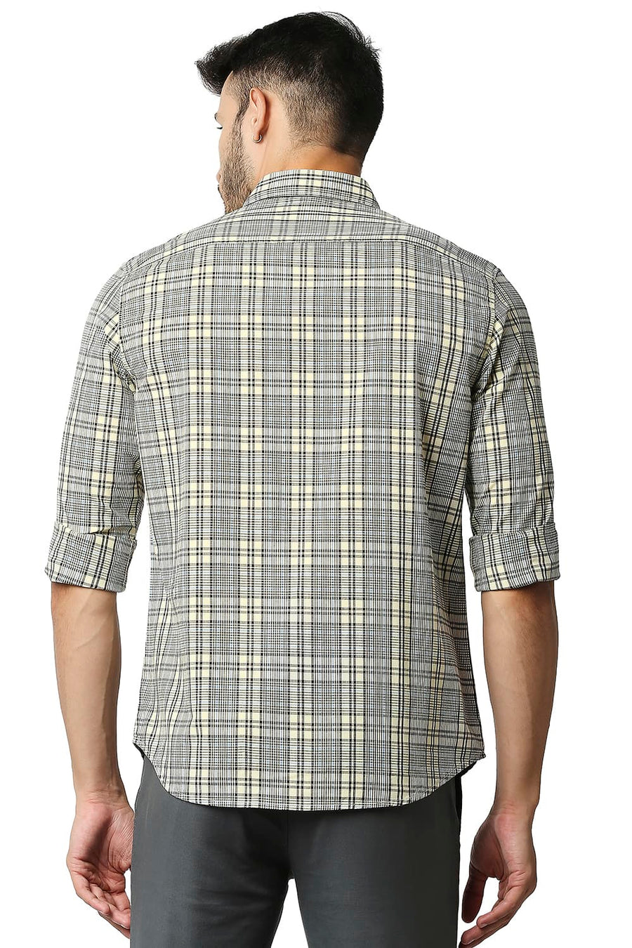 BASICS SLIM FIT ASPARAGUS BEIGE COTTON CHECKS SHIRT