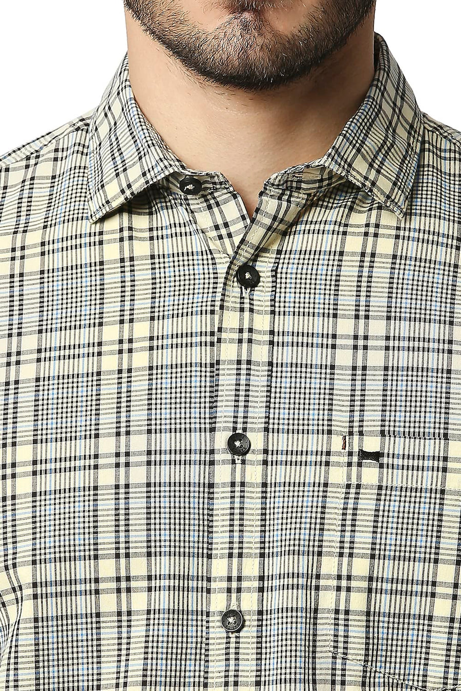 BASICS SLIM FIT ASPARAGUS BEIGE COTTON CHECKS SHIRT