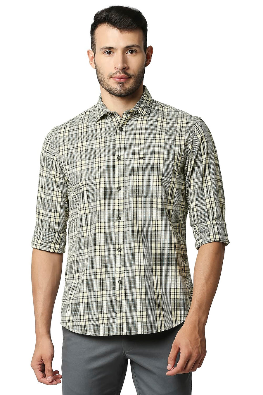BASICS SLIM FIT ASPARAGUS BEIGE COTTON CHECKS SHIRT
