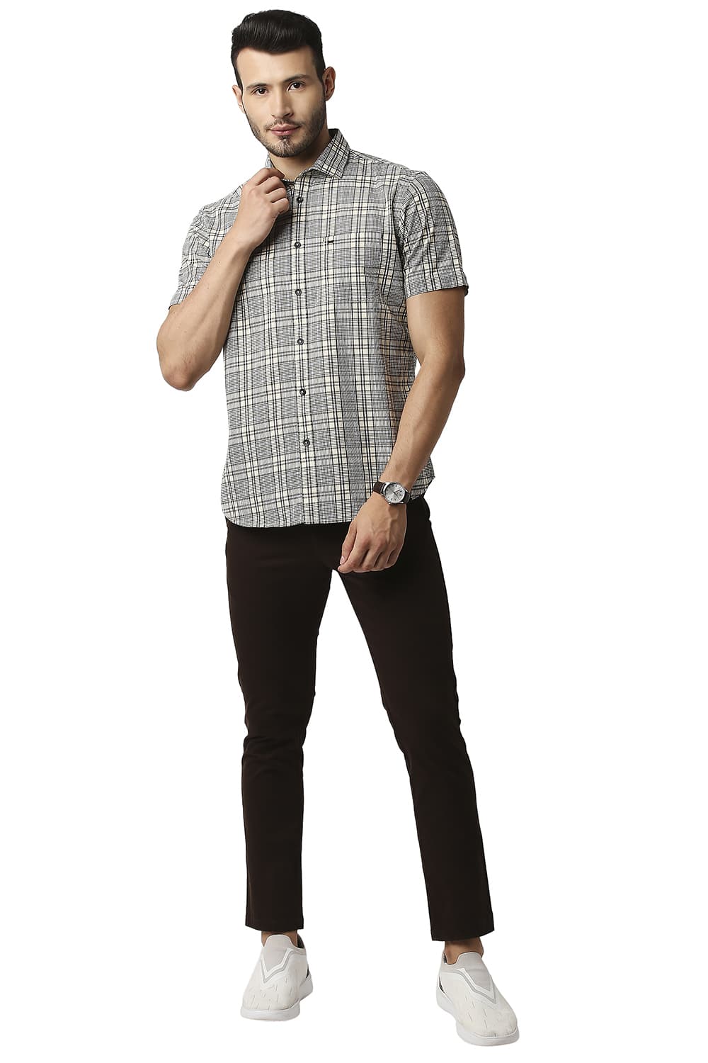 BASICS SLIM FIT COTTON CHECKS HALFSLEEVES SHIRT