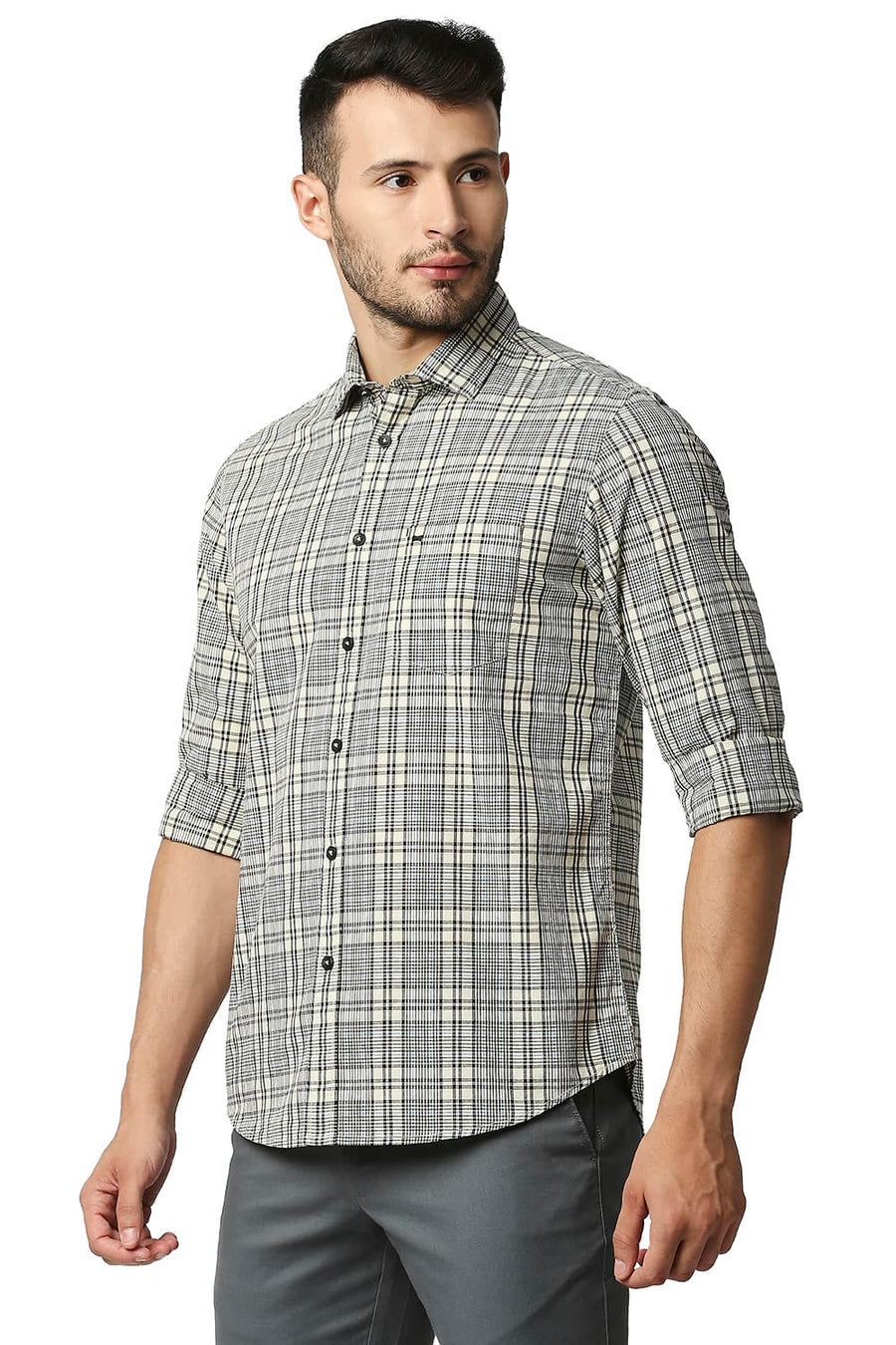 BASICS SLIM FIT ASPARAGUS BEIGE COTTON CHECKS SHIRT