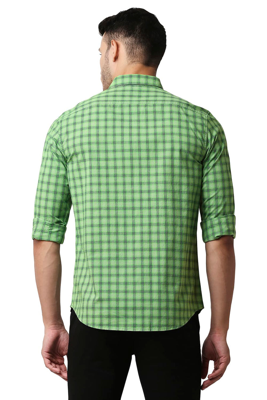 BASICS SLIM FIT STONE GREEN COTTON CHECKS SHIRT