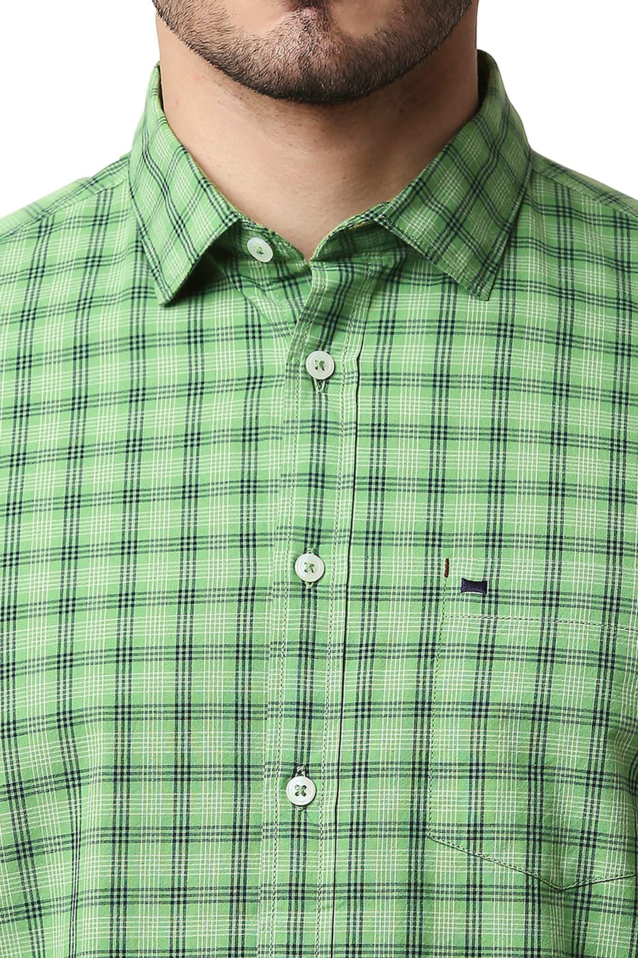 BASICS SLIM FIT STONE GREEN COTTON CHECKS SHIRT