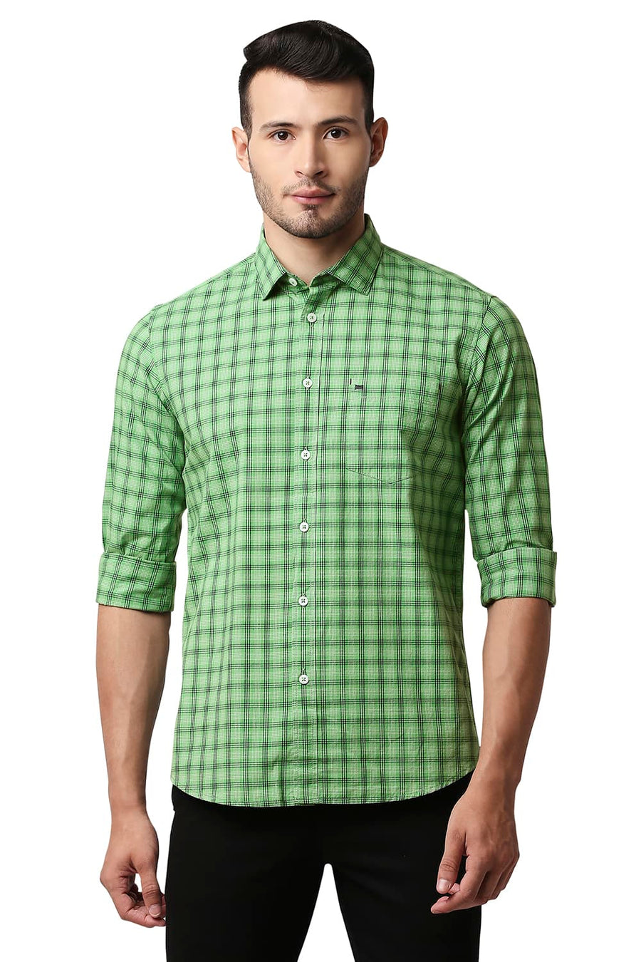 BASICS SLIM FIT STONE GREEN COTTON CHECKS SHIRT