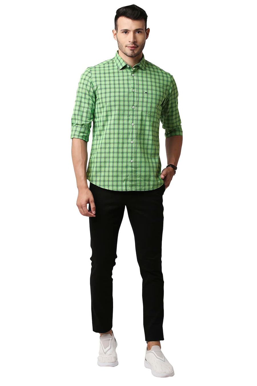 BASICS SLIM FIT STONE GREEN COTTON CHECKS SHIRT