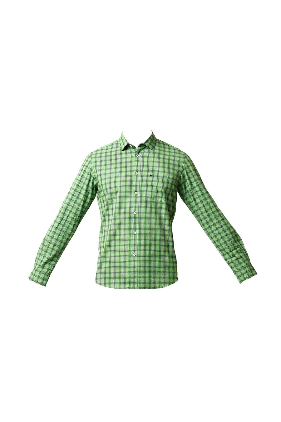 BASICS SLIM FIT STONE GREEN COTTON CHECKS SHIRT