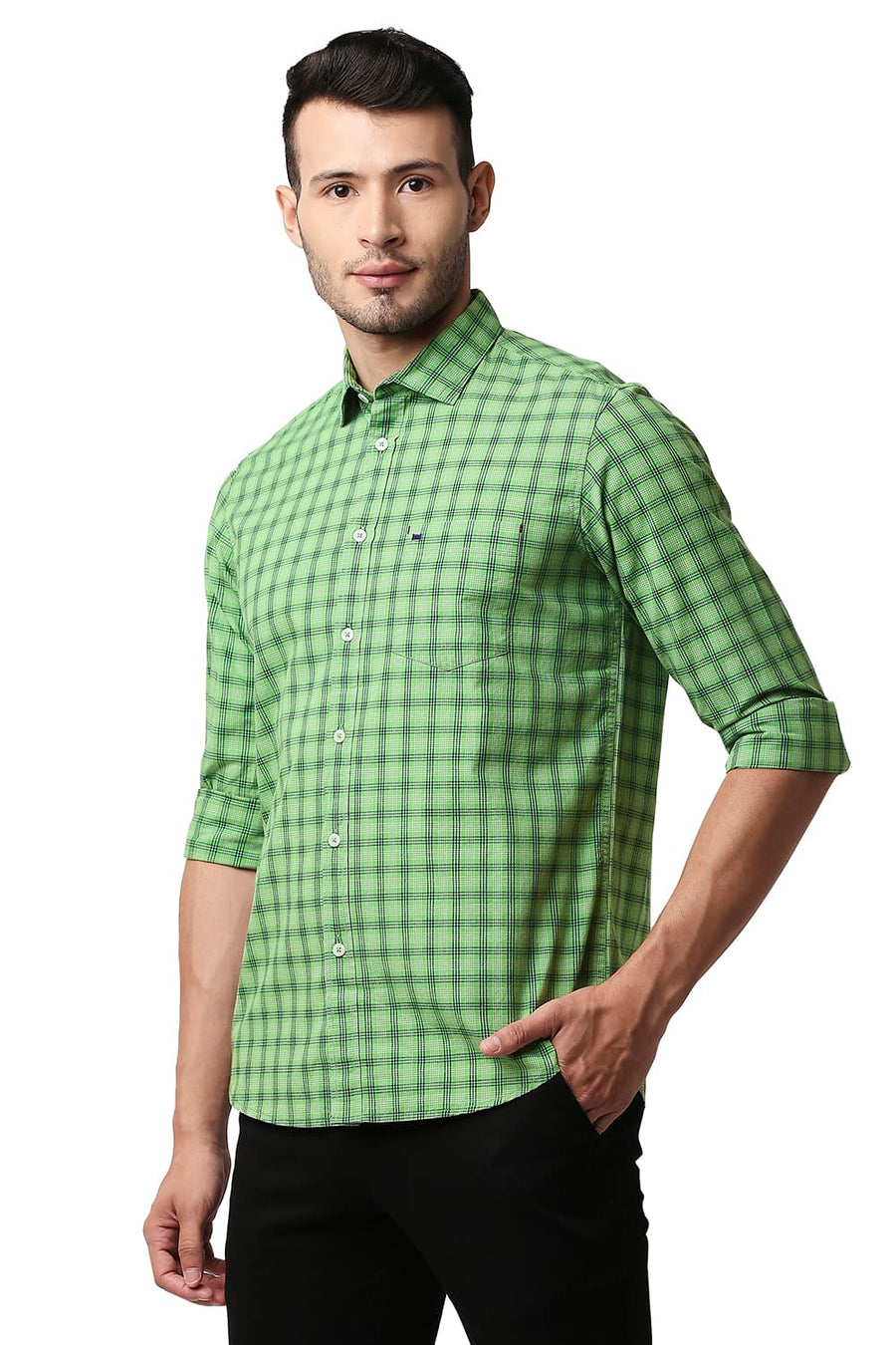 BASICS SLIM FIT STONE GREEN COTTON CHECKS SHIRT