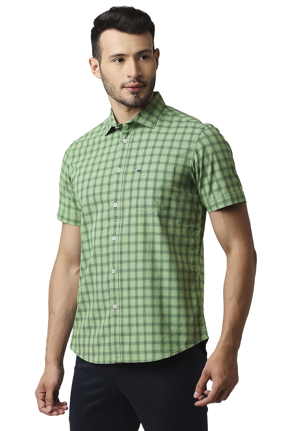 BASICS SLIM FIT COTTON CHECKS HALFSLEEVES SHIRT