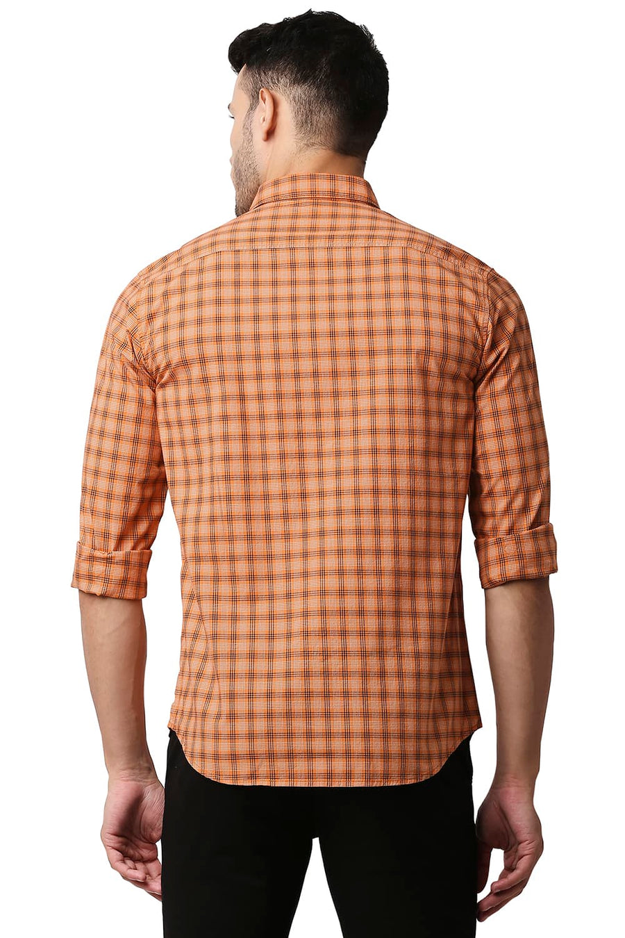 BASICS SLIM FIT AMBER ORANGE COTTON CHECKS SHIRT