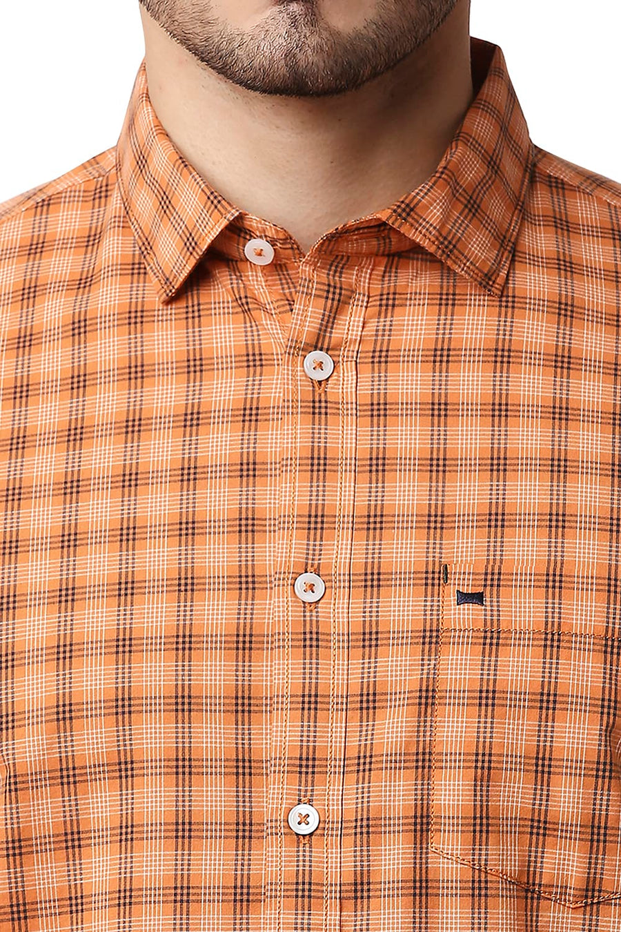 BASICS SLIM FIT AMBER ORANGE COTTON CHECKS SHIRT