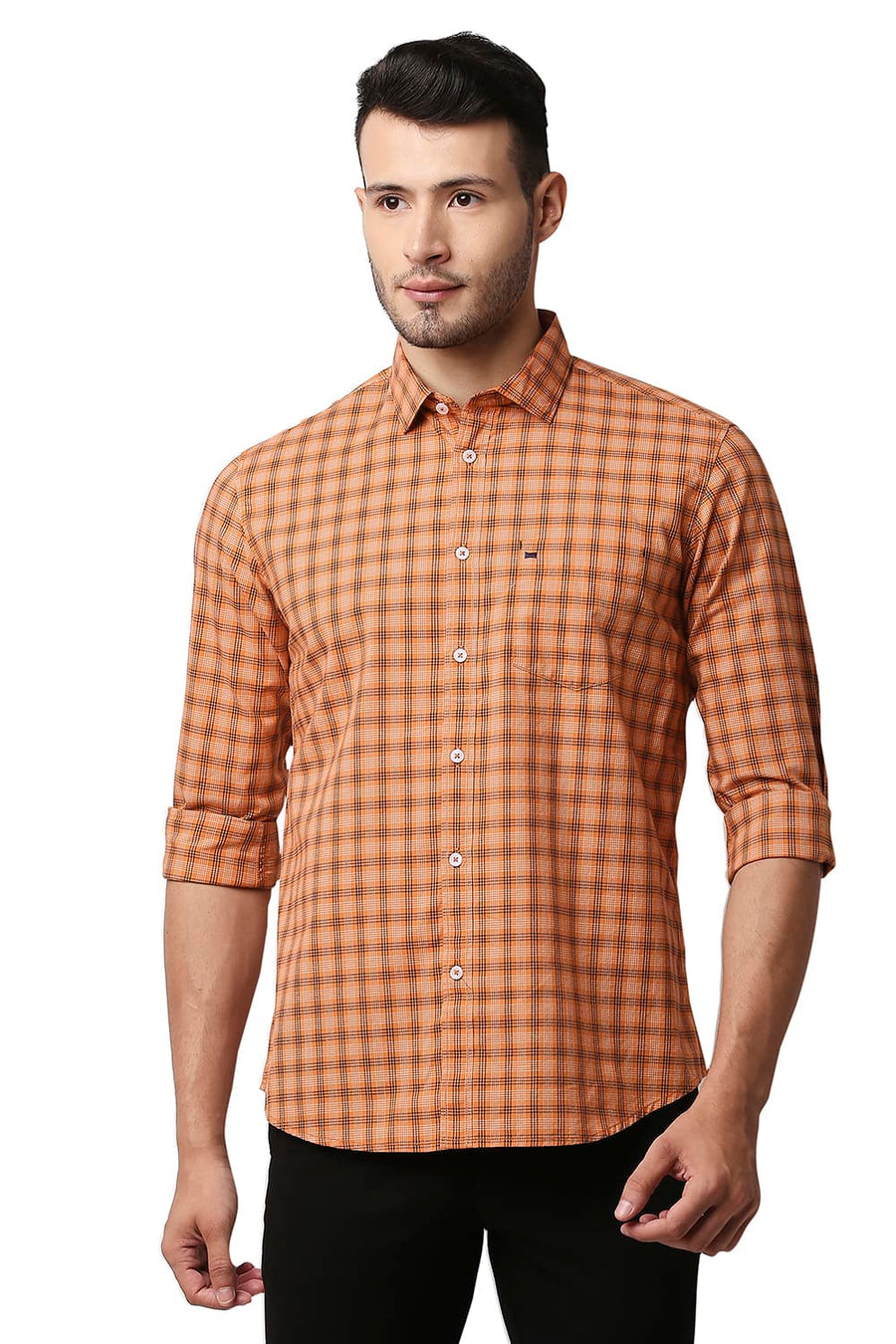BASICS SLIM FIT AMBER ORANGE COTTON CHECKS SHIRT