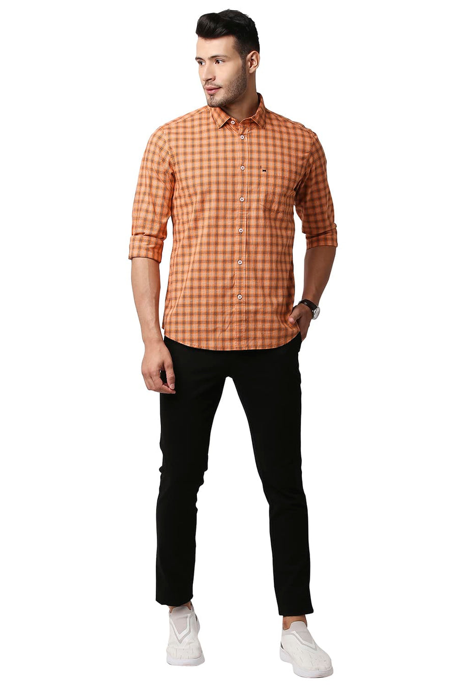 BASICS SLIM FIT AMBER ORANGE COTTON CHECKS SHIRT