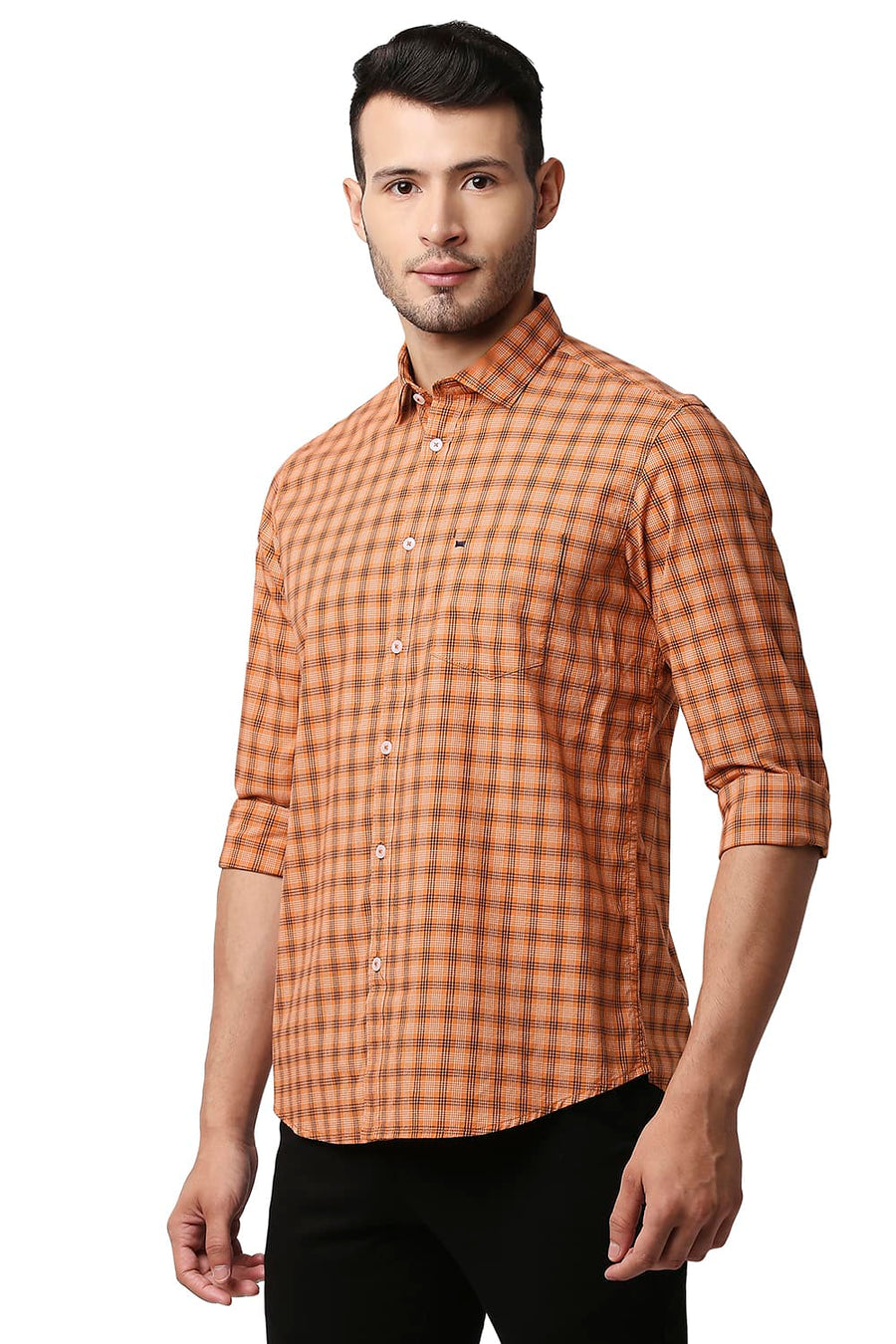 BASICS SLIM FIT AMBER ORANGE COTTON CHECKS SHIRT