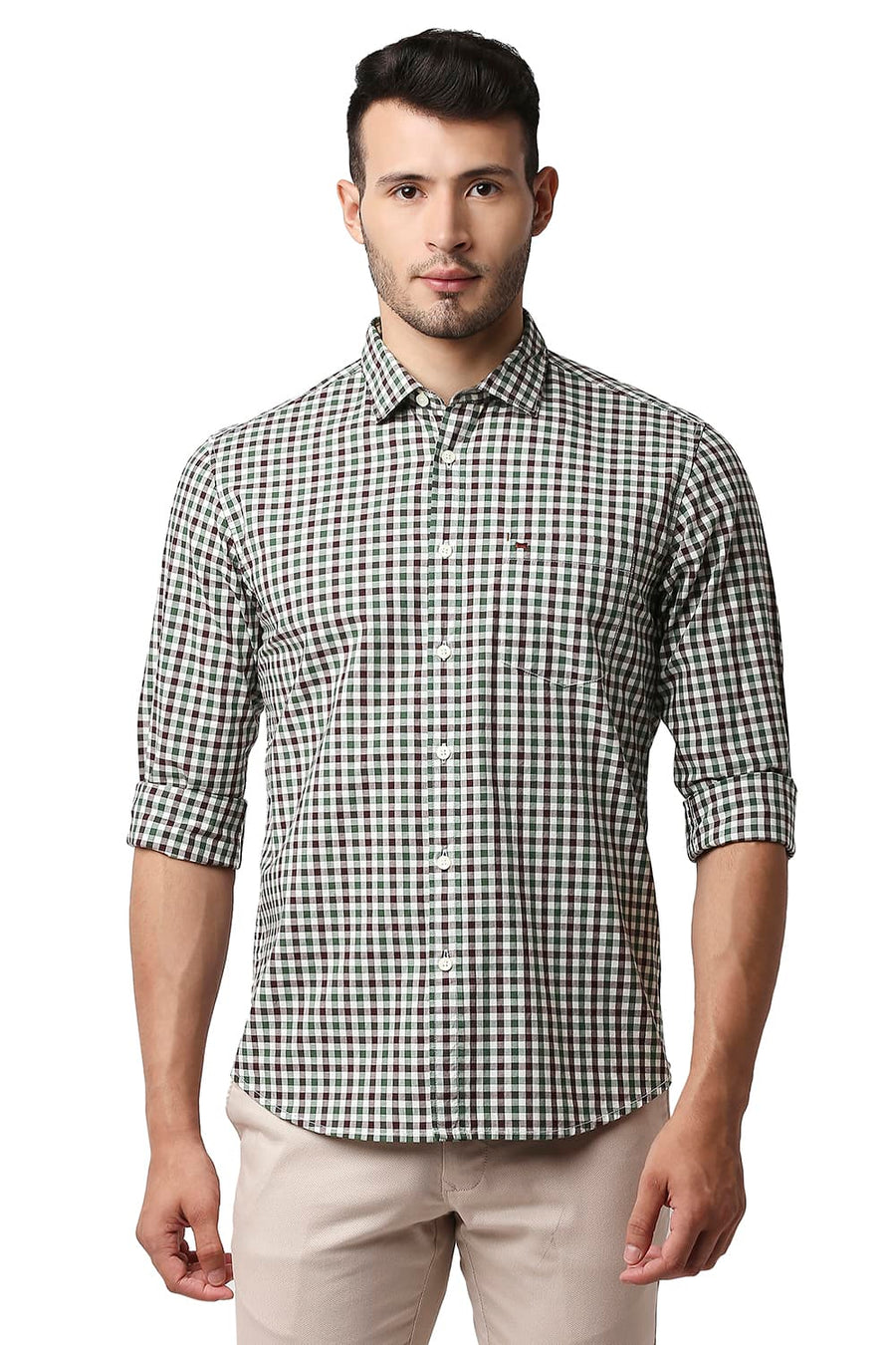 BASICS SLIM FIT FAIRWAY GREEN COTTON CHECKS SHIRT