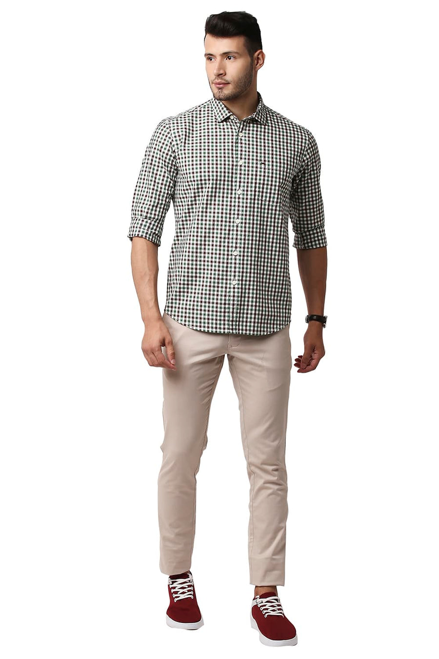 BASICS SLIM FIT FAIRWAY GREEN COTTON CHECKS SHIRT
