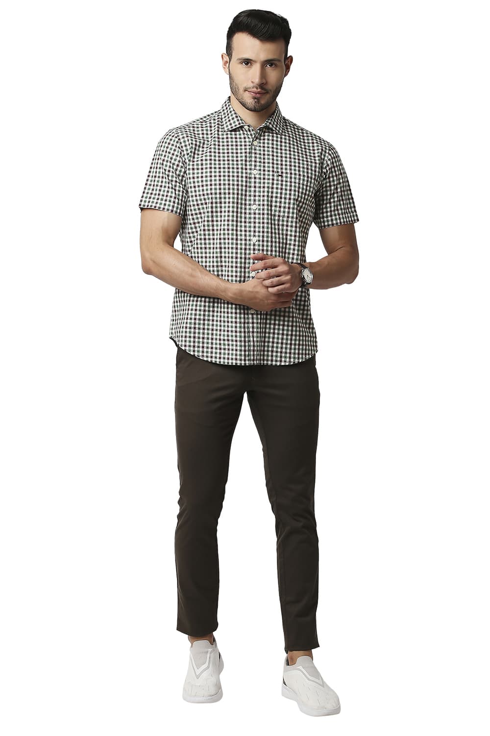 BASICS SLIM FIT COTTON CHECKS HALFSLEEVES SHIRT