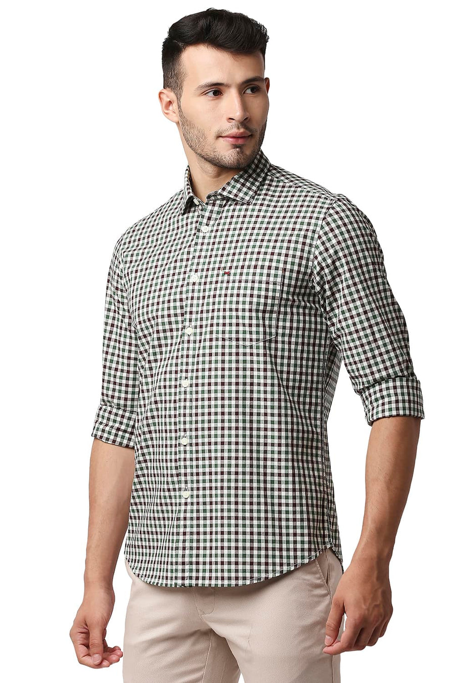 BASICS SLIM FIT FAIRWAY GREEN COTTON CHECKS SHIRT