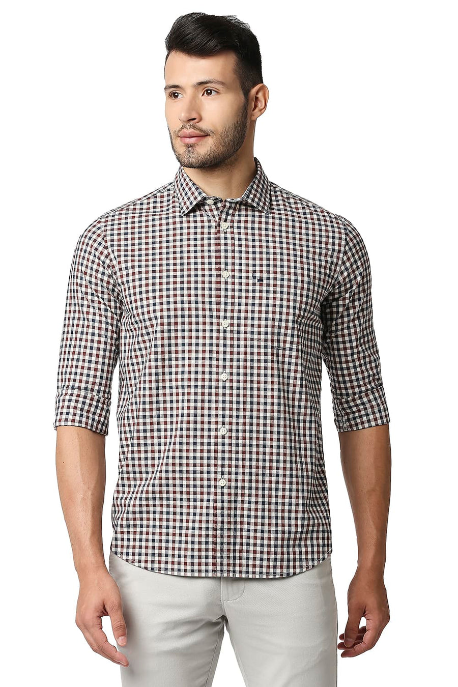 BASICS SLIM FIT ANDORRA BROWN COTTON CHECKS SHIRT