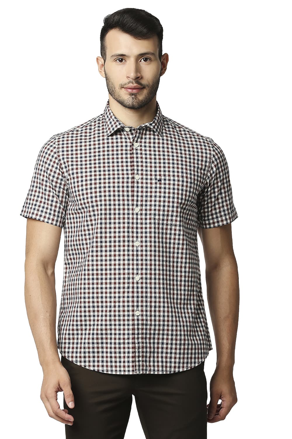 BASICS SLIM FIT COTTON CHECKS HALFSLEEVES SHIRT