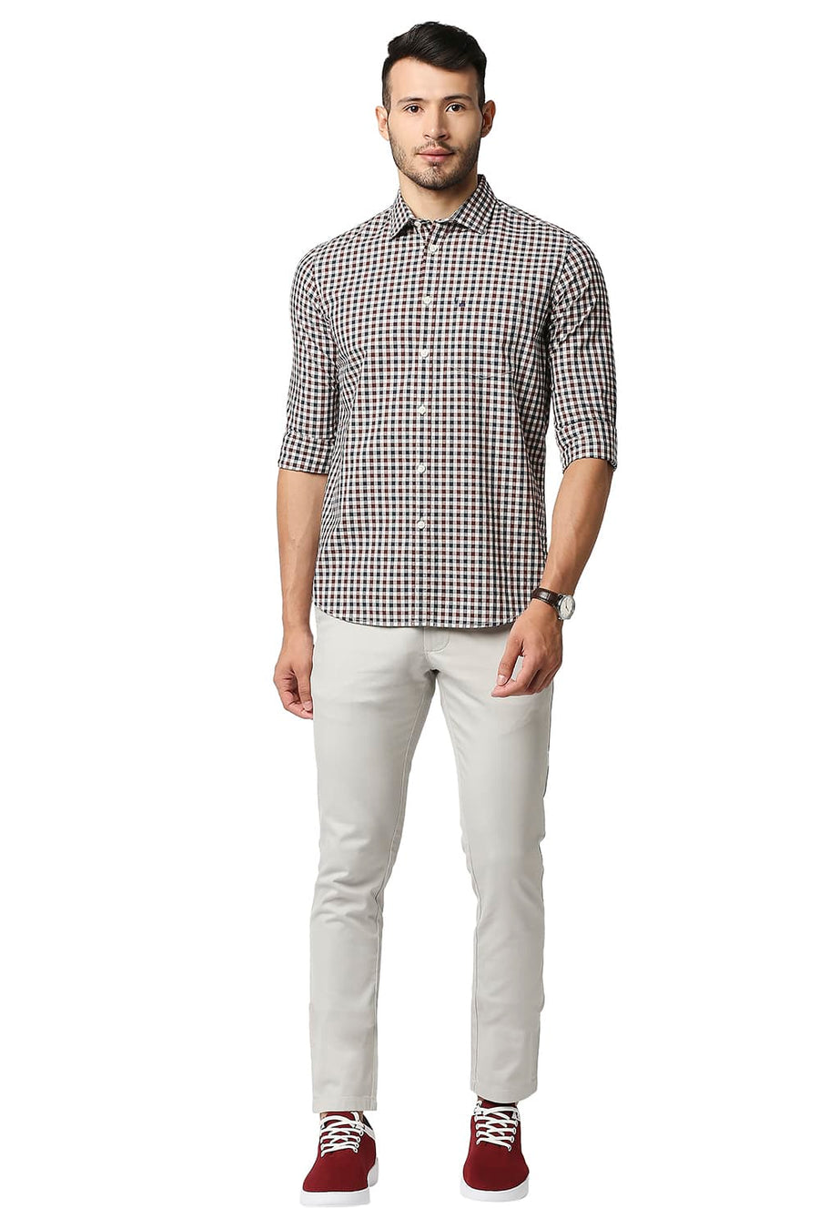 BASICS SLIM FIT ANDORRA BROWN COTTON CHECKS SHIRT