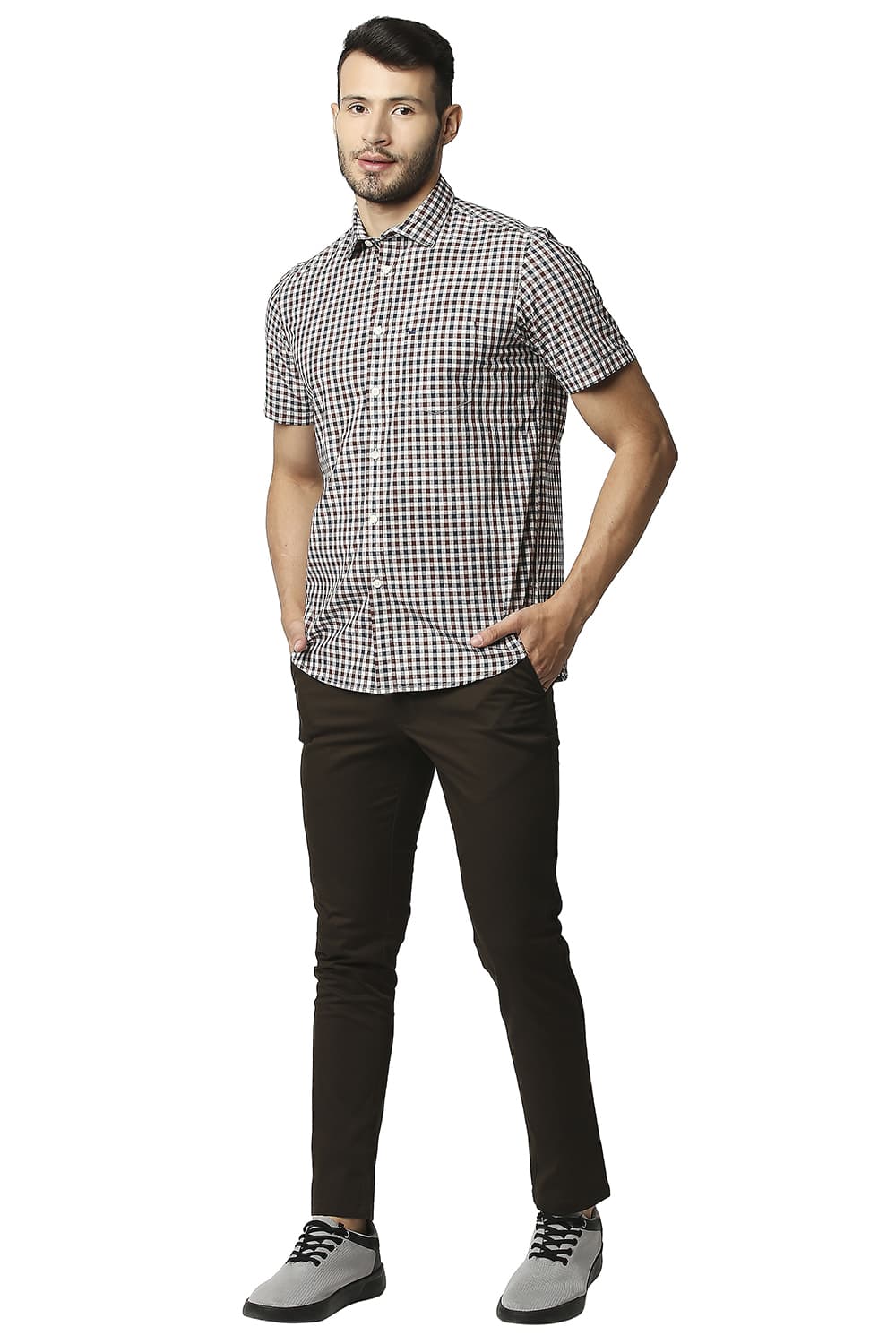 BASICS SLIM FIT COTTON CHECKS HALFSLEEVES SHIRT