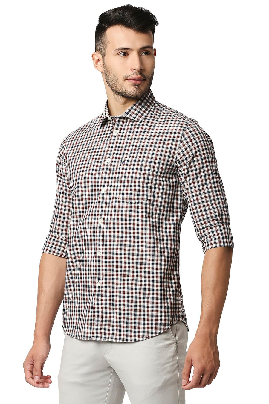 BASICS SLIM FIT ANDORRA BROWN COTTON CHECKS SHIRT