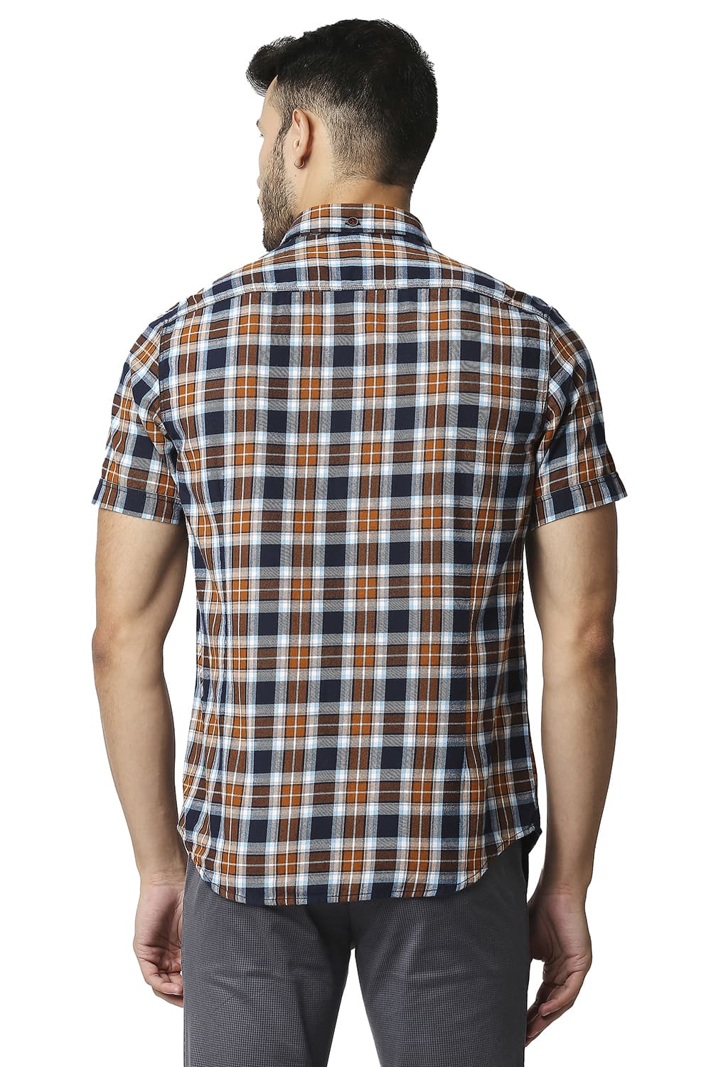 BASICS SLIM FIT BRUSHED TWILL CHECKS HALFSLEEVES SHIRT