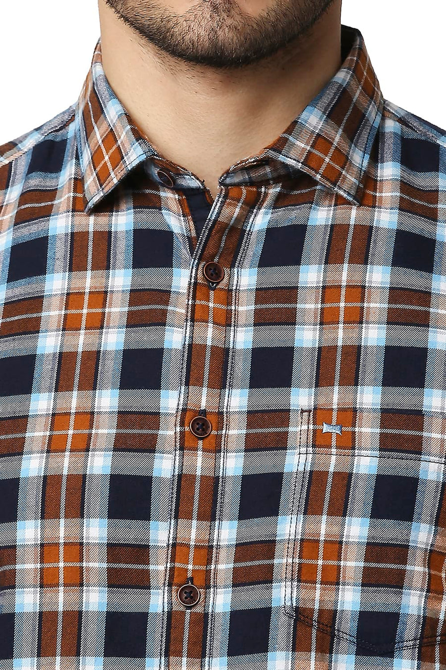 BASICS SLIM FIT SPICE BROWN BRUSHED TWILL CHECKS SHIRT