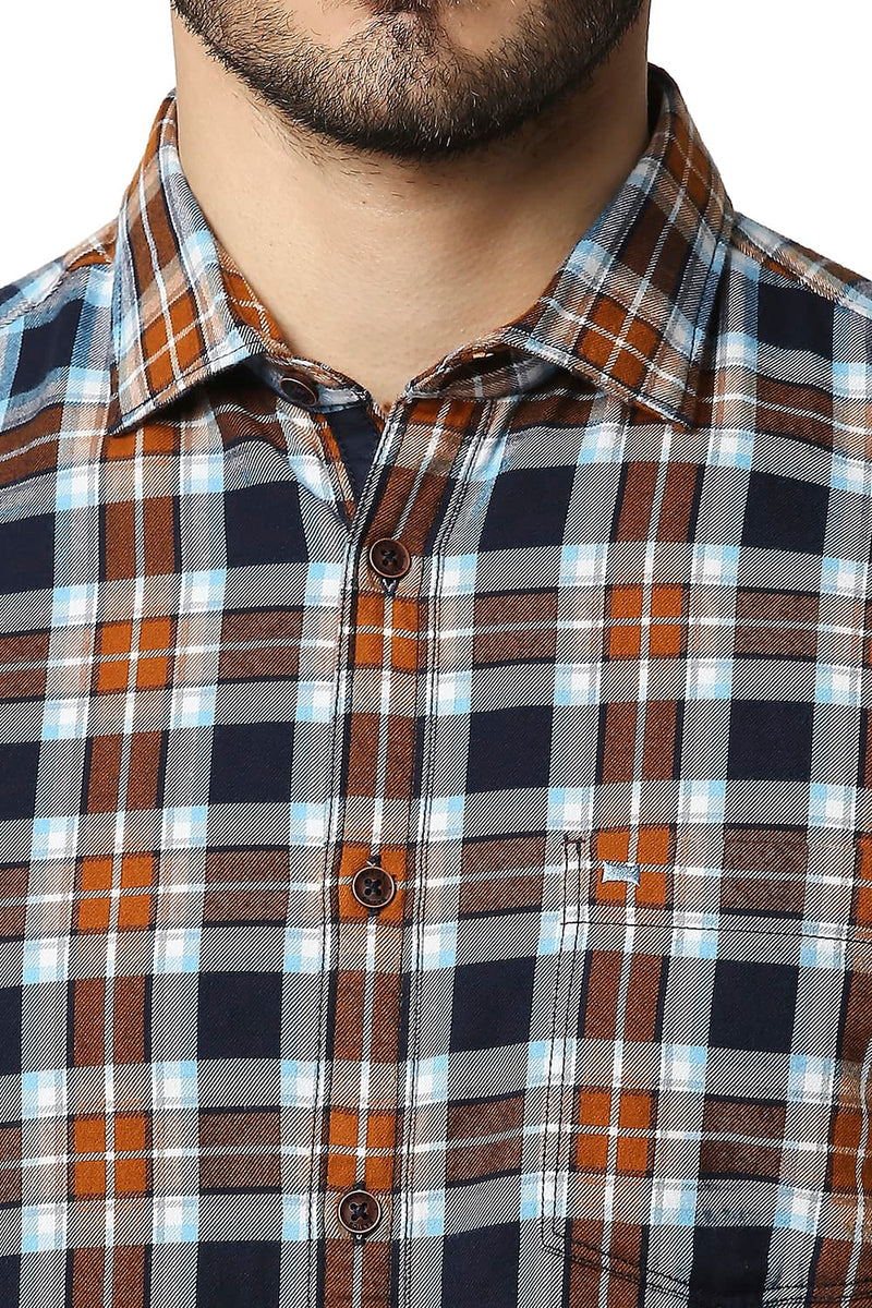 BASICS SLIM FIT BRUSHED TWILL CHECKS HALFSLEEVES SHIRT