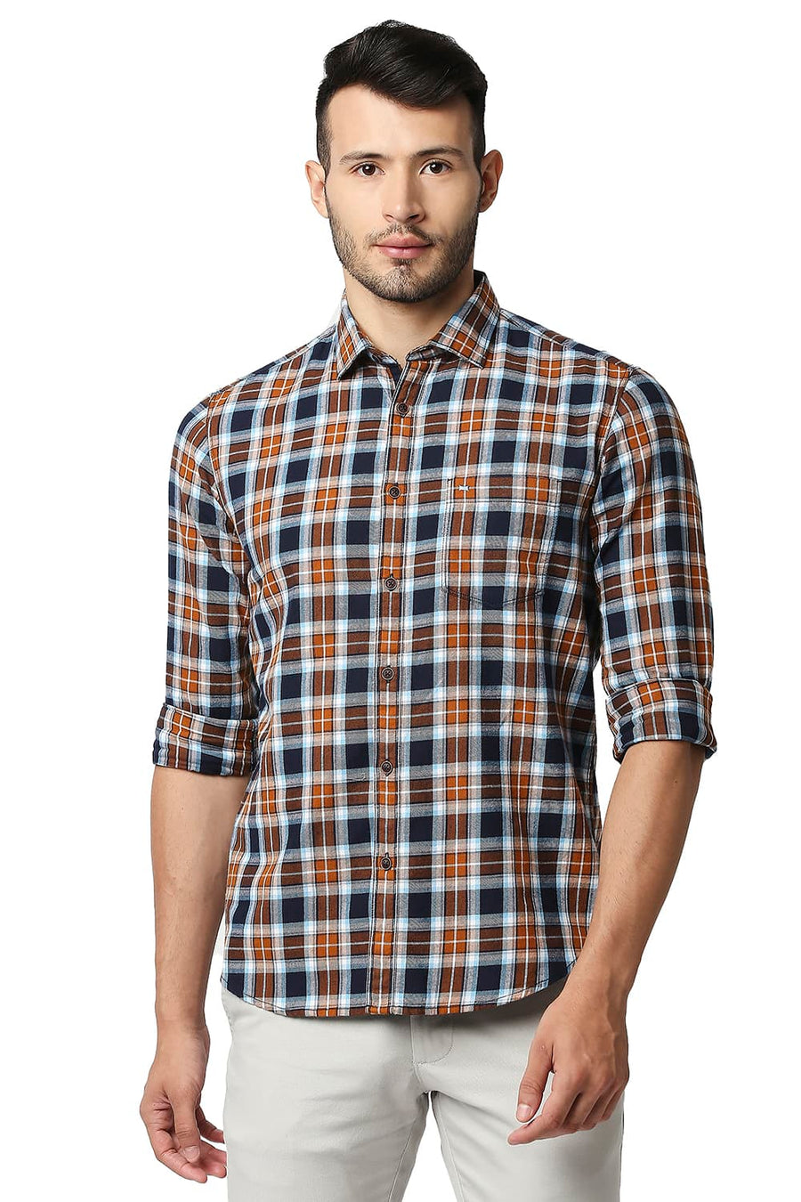 BASICS SLIM FIT SPICE BROWN BRUSHED TWILL CHECKS SHIRT