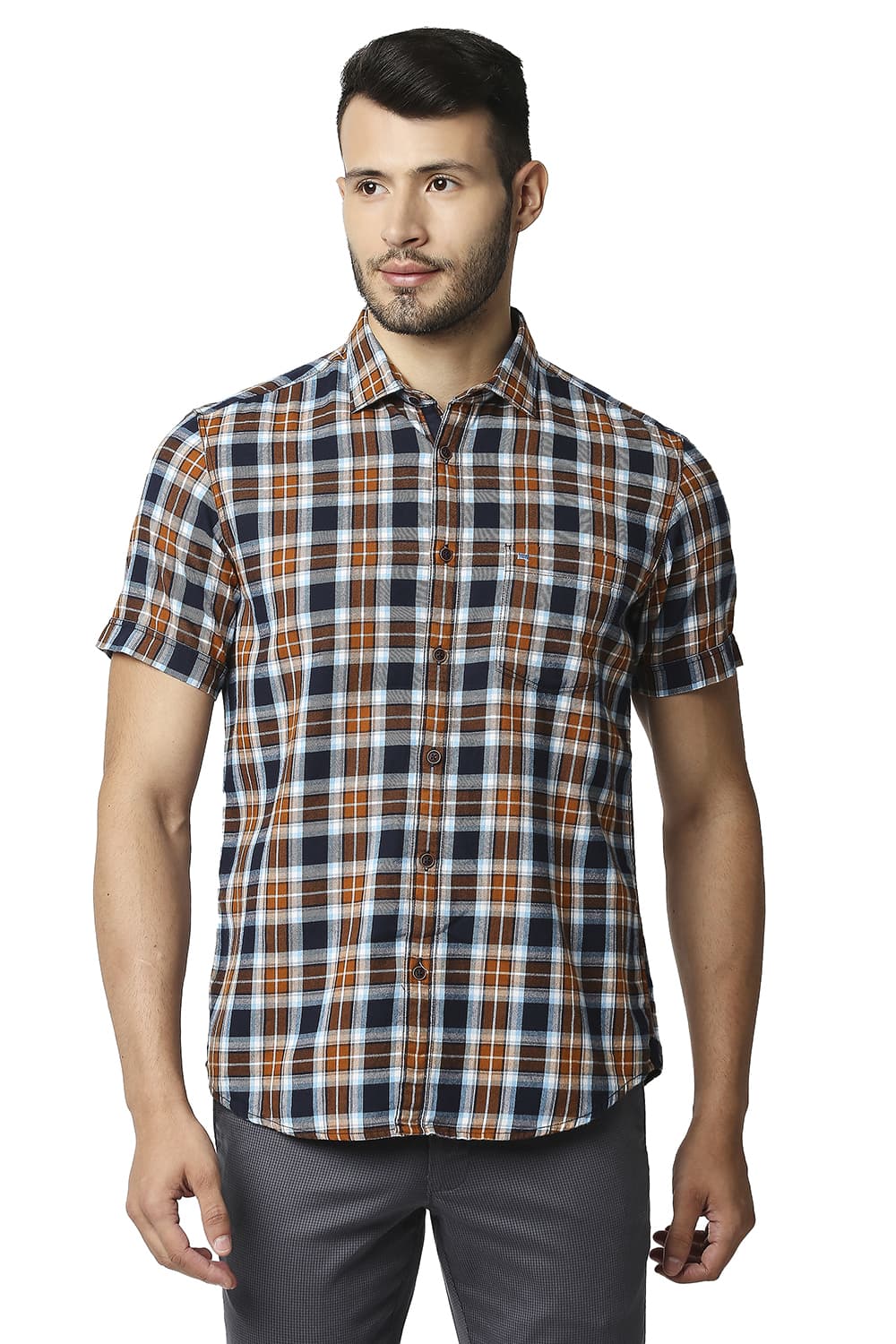 BASICS SLIM FIT BRUSHED TWILL CHECKS SHIRT