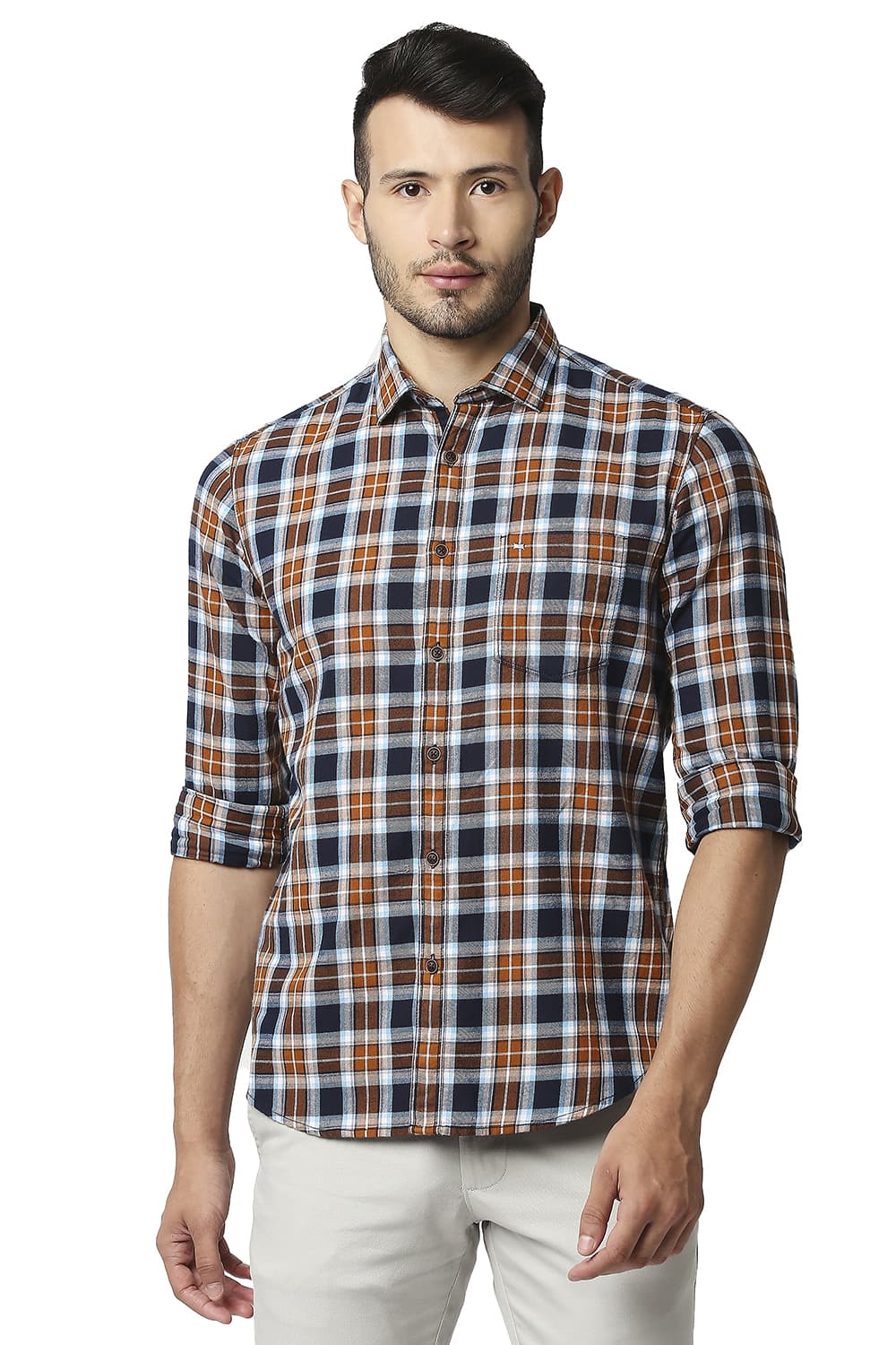 BASICS SLIM FIT BRUSHED TWILL CHECKS SHIRT