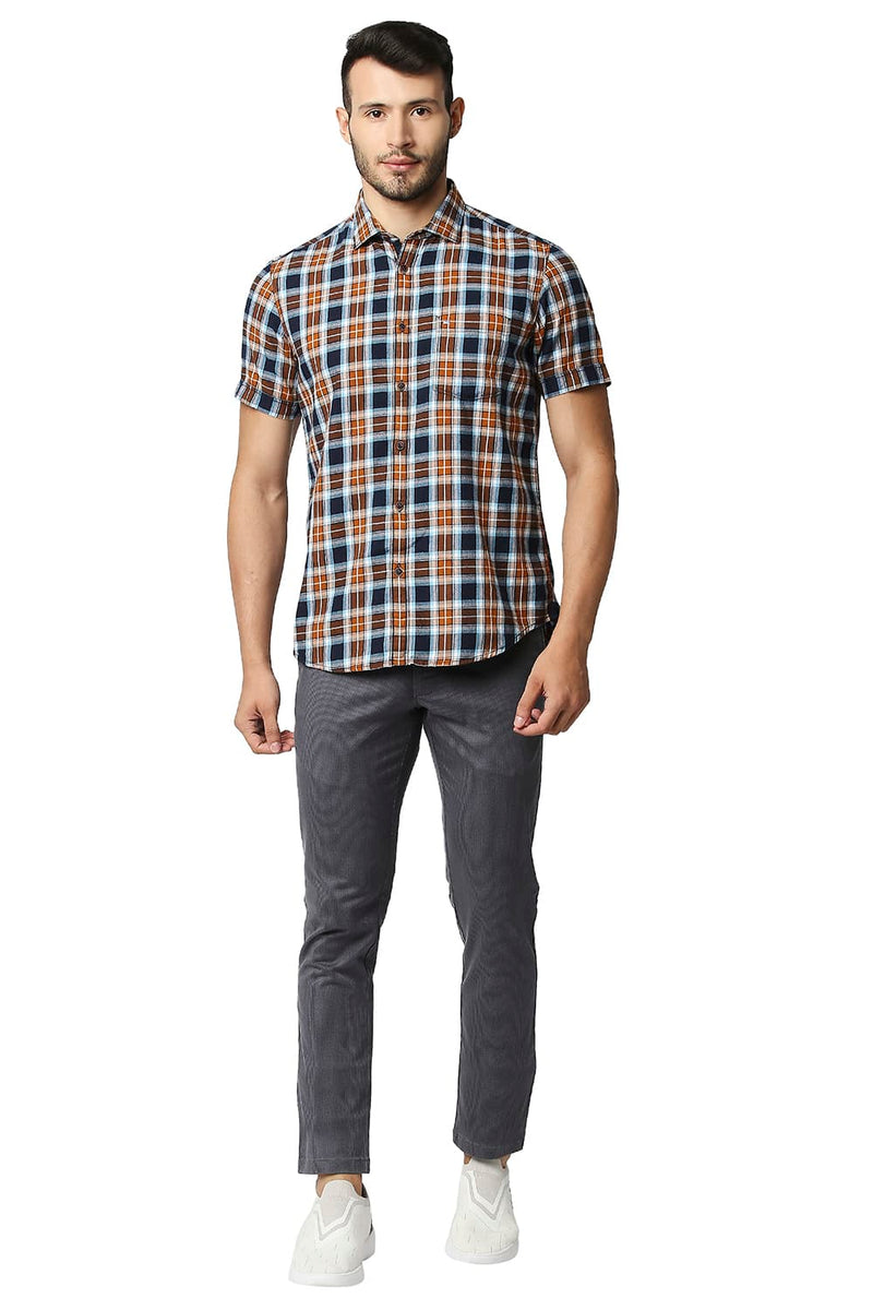 BASICS SLIM FIT BRUSHED TWILL CHECKS HALFSLEEVES SHIRT