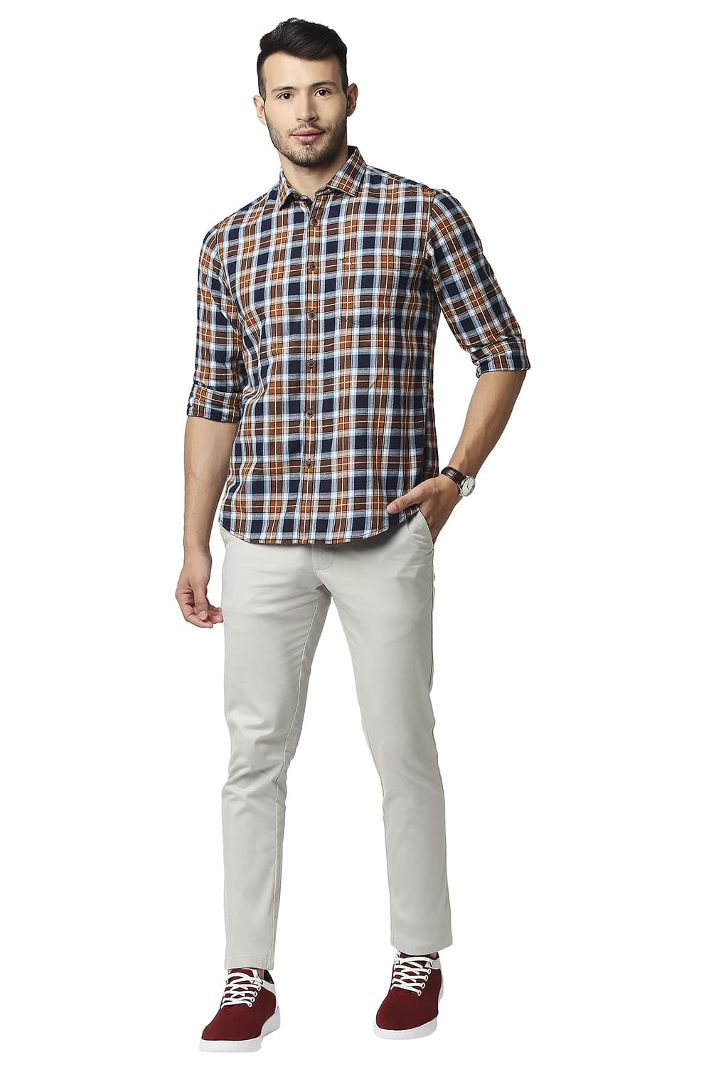 BASICS SLIM FIT BRUSHED TWILL CHECKS SHIRT