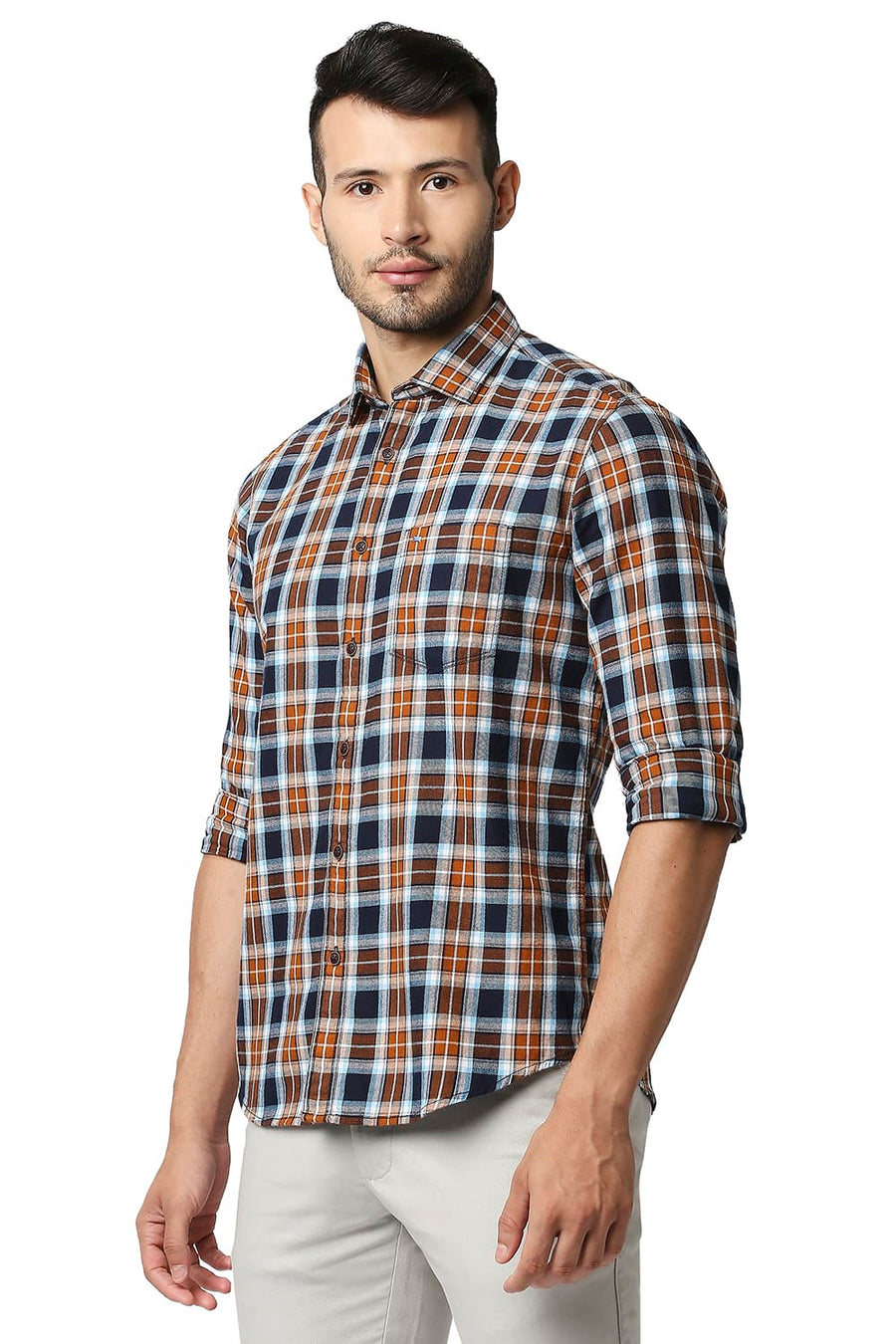 BASICS SLIM FIT SPICE BROWN BRUSHED TWILL CHECKS SHIRT