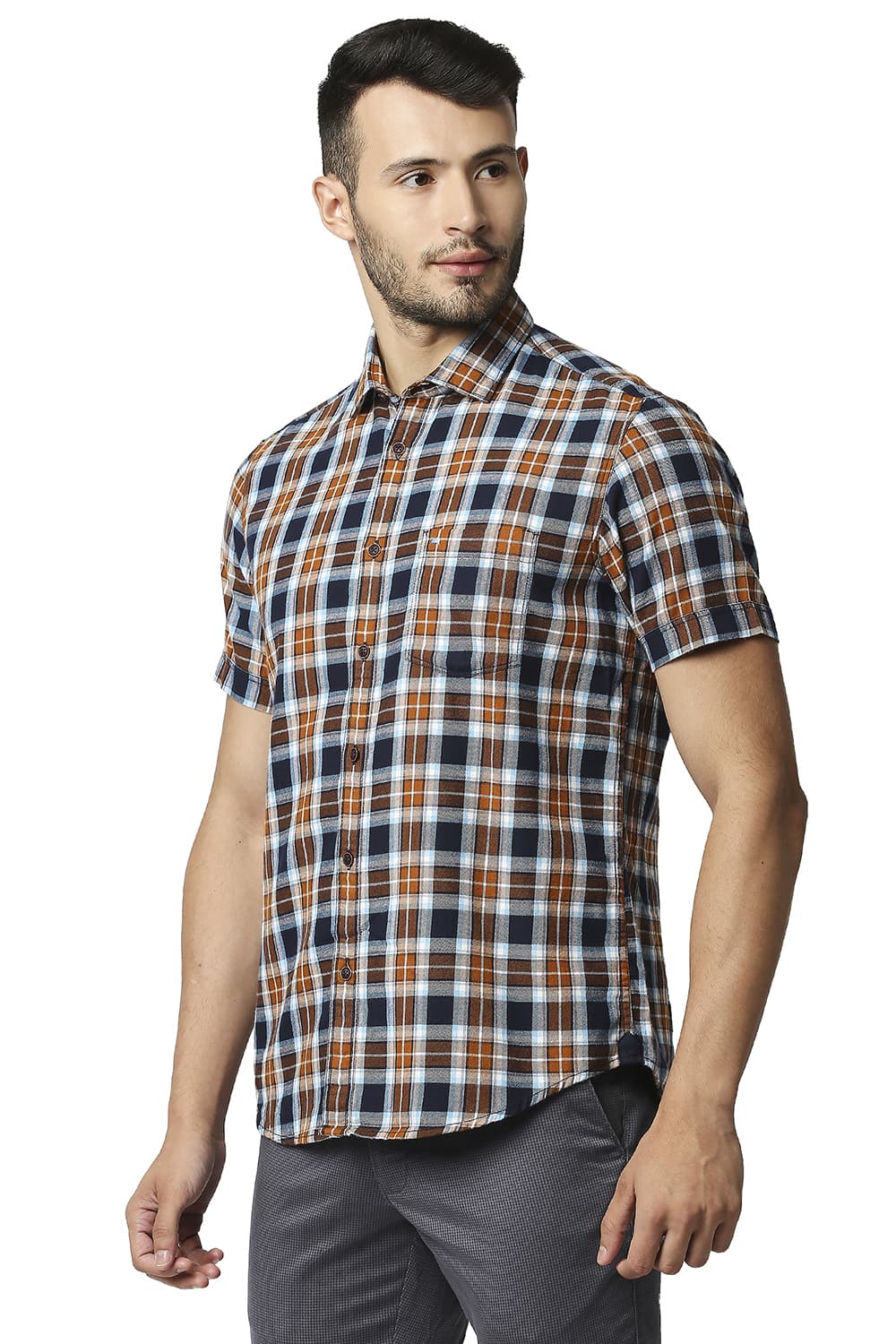 BASICS SLIM FIT BRUSHED TWILL CHECKS HALFSLEEVES SHIRT