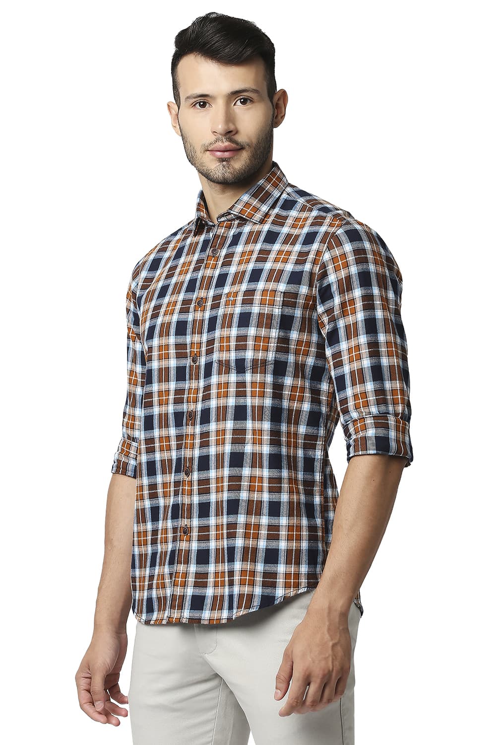 BASICS SLIM FIT BRUSHED TWILL CHECKS SHIRT