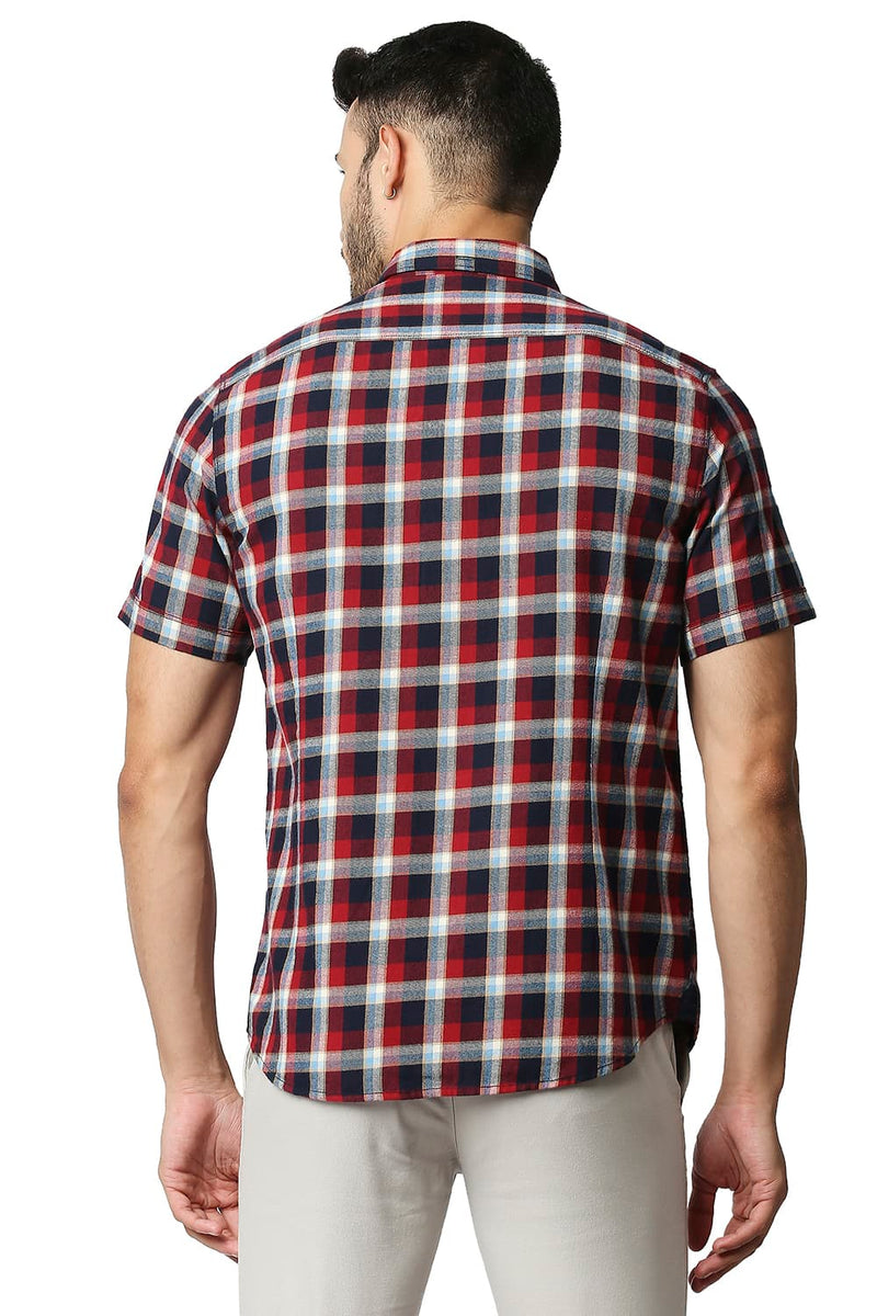 BASICS SLIM FIT BRUSHED TWILL CHECKS HALFSLEEVES SHIRT